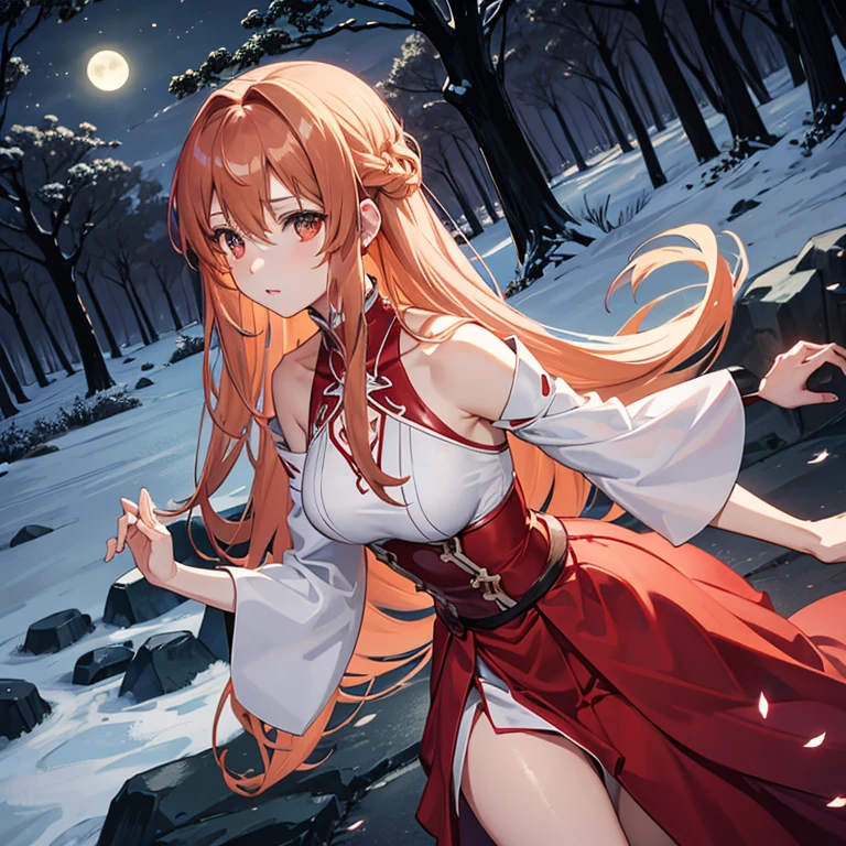 Asuna yuuki from sao running scar ed in a dark woods with a long red medieval dress in the night with a vampire castle in the back