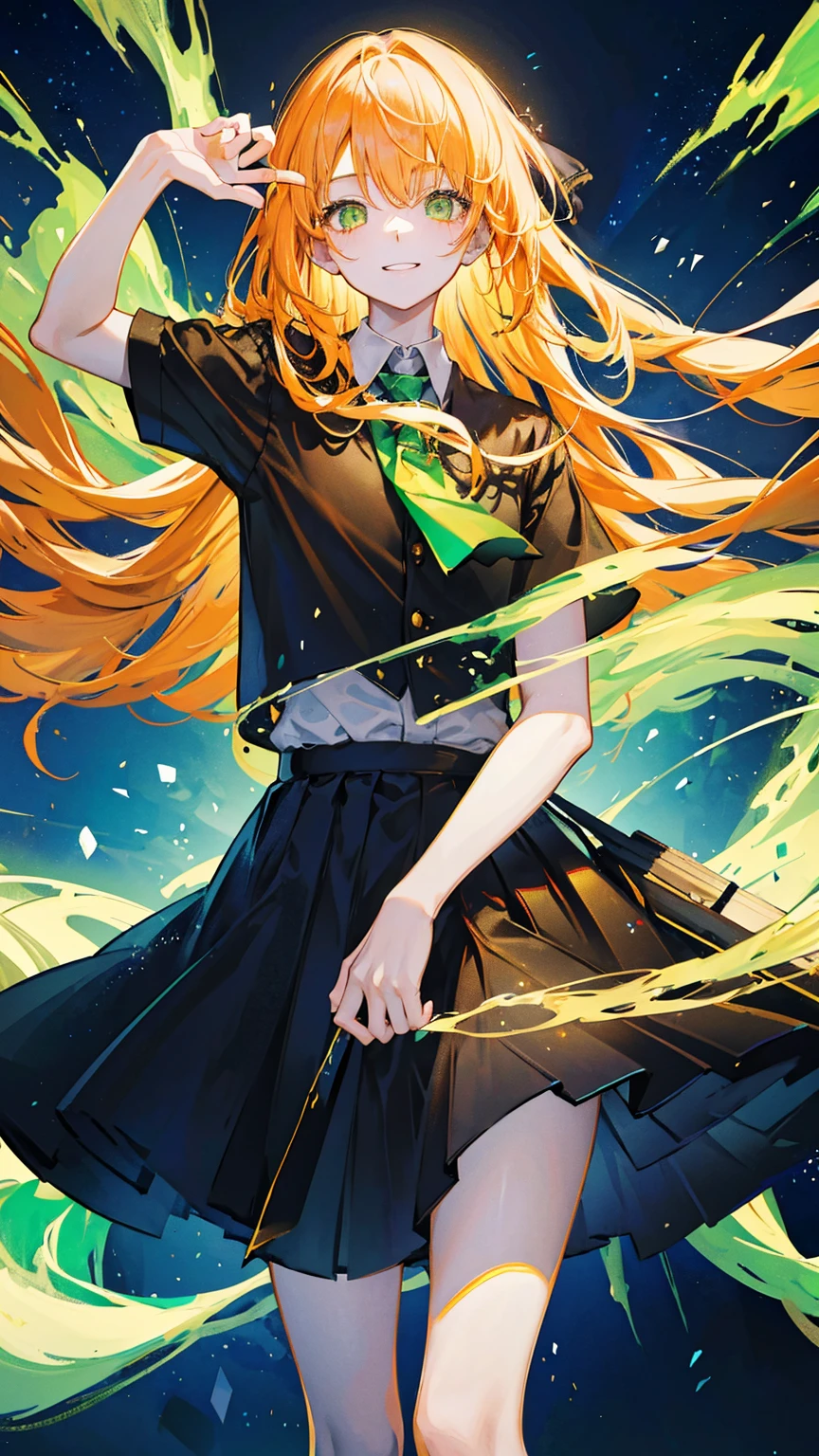 1boy,solo,cute,lovely,gently smile, light orange hair, ((long straight hair)),light green eyes,anatomically correct,black tie,((black skirt)),black uniform ,night,starry sky, luminous effect,best quality, high quality,masterpiece, 8K