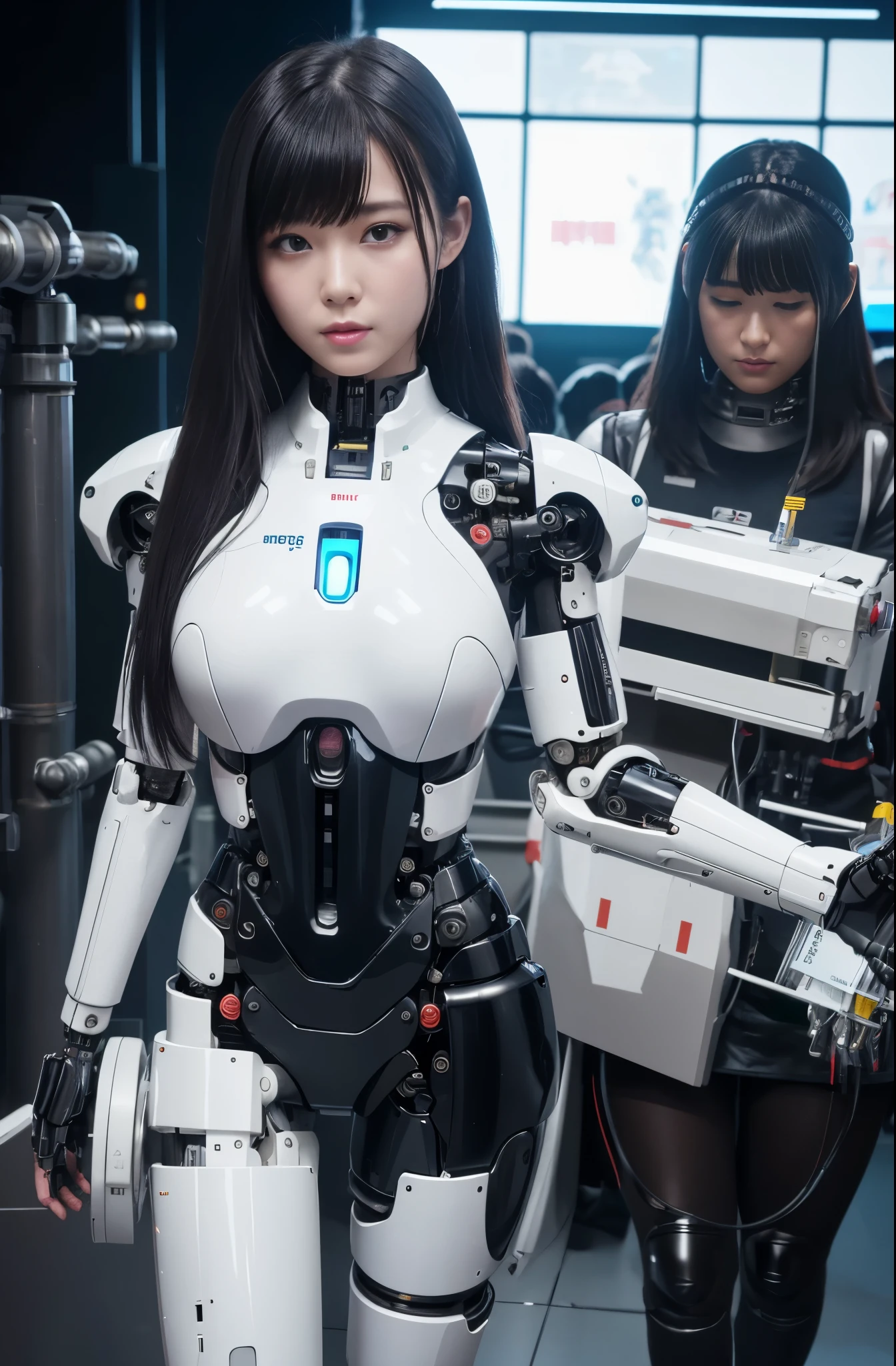 masterpiece, best quality,Japaese Cyborg Girl,Plump , announcer,control panels,android,Droid,Mechanical Hand, ,clothes with a sense of mechanical technology, Robot arms and legs, Black Robot Parts,Black hair,Mechanical body,Blunt bangs,White abdomen,White robotics parts,tube dress,perfect robot woman,perfect android woman, perfect mechanical woman,future laboratory,android factory,cyborg factory,robot factory,cyber pank,charging spot,long tube,thick cable connected her neck,bowing,maintainance her,repaired her,full eyes,dark black tights,a bit chubby