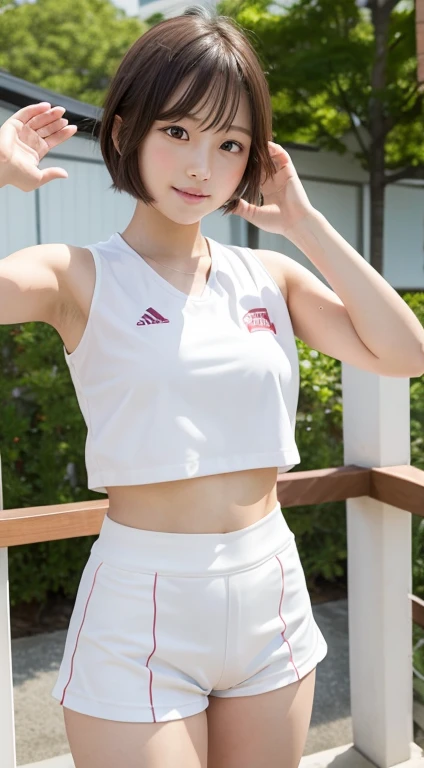 Maki Horikita Beautiful girl Beautiful face Teenager Young face Crying expression Crying face Short stature Slender athletics Navel exposed Beautiful legs Short cut Brown hair Small breasts White camisole White uniform Raising hands Raising legs Scenery is Japanese school Outdoors