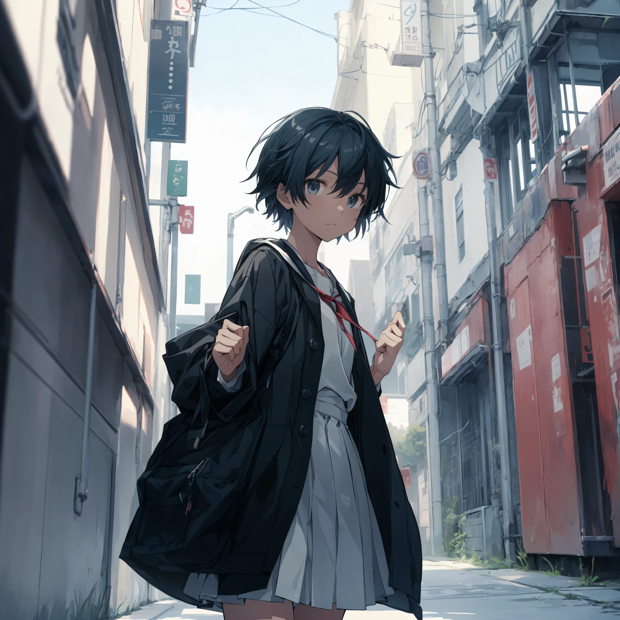 Super high quality by the art god, super detailed, High resolution,Shinkai Makoto style, anime moe art style, best anime 8K konachan wallpaper, pixiv contest winner, perfect anatomy, break,(眠そうにalone学校へ行く女の子を描いてください. ),break, surreal high school girl, (alone,lolita, , 13 years old:1.3),All limbs, full finger,, androgynous charm, (very short hair), messy hair, flat chest, , small ass, between legs, Small black eyes, we say, beautiful and fine eyes, Well-proportioned iris and pupils, disgusted eyes, High resolutionの詳細な髪, wearing school uniform, (skirt), On the way to school. break,super dense skin, Best lighting by famous artists, 8K, figure,