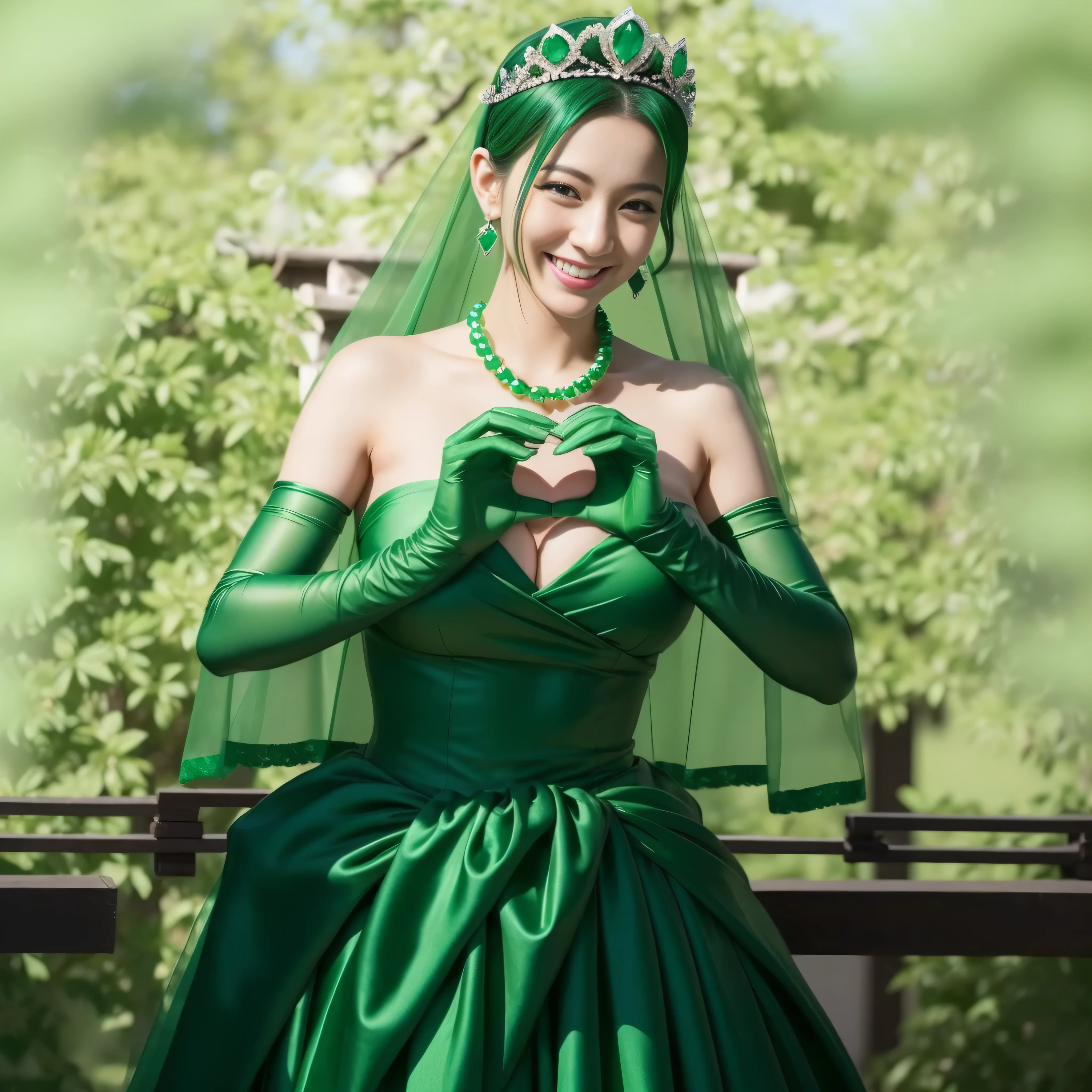 emerald tiara, green pearl necklace, ボーイッシュな非常に短いgreen hair, lipstick, smiling Japanese woman, very short hair, Beauty with large breasts, green eyes, Long Green Satin Gloves, green eyes, emerald earrings, green veil, heart with both hands, green hair, Beautiful Japan woman in her 30s, heart shaped hand:1.3