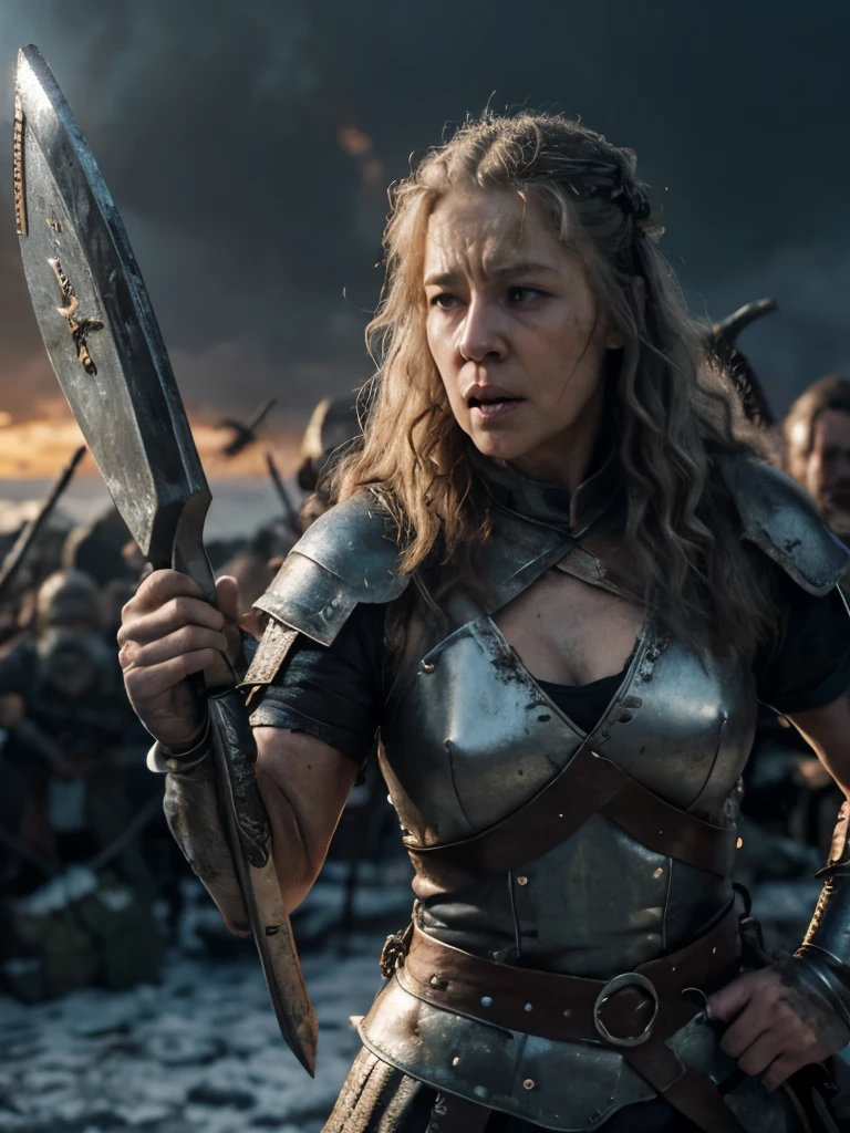(masterpiece, highly detailed, ultra realistic, highest quality), portrait, upper body shot, older viking warrior queen in full battle gear, / helen mirren / older lady, 60 years old, silver curly hair, (hires textures), angry, screaming, carrying a huge bloodied axe and shield, fierce, scars, blood spatter, battle damage, dynamic pose, fighting stance, battlefield background, in the midst of battle, nordic sunset, gritty, ultra realistic, bokeh, game of thrones, tolkien, fantasy art, incredible detail