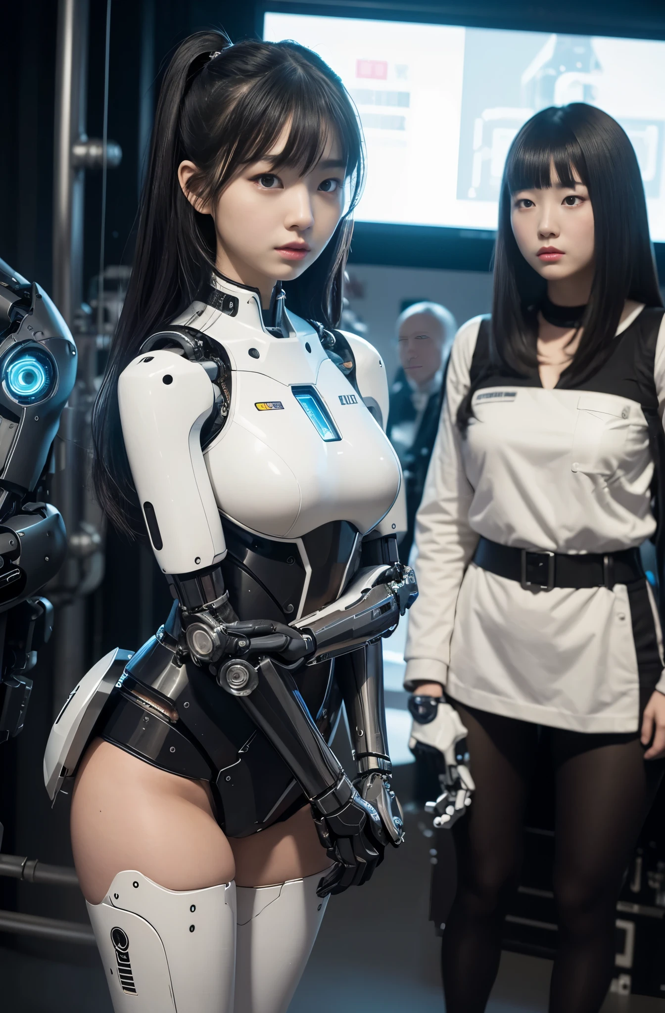 masterpiece, best quality,Japaese Cyborg Girl,Plump , announcer,control panels,android,Droid,Mechanical Hand, ,clothes with a sense of mechanical technology, Robot arms and legs, Black Robot Parts,Black hair,Mechanical body,Blunt bangs,White abdomen,White robotics parts,tube dress,perfect robot woman,perfect android woman, perfect mechanical woman,future laboratory,android factory,cyborg factory,robot factory,cyber pank,charging spot,long tube,thick cable connected her neck,bowing,maintainance her,repaired her,full eyes,dark black tights,a bit chubby