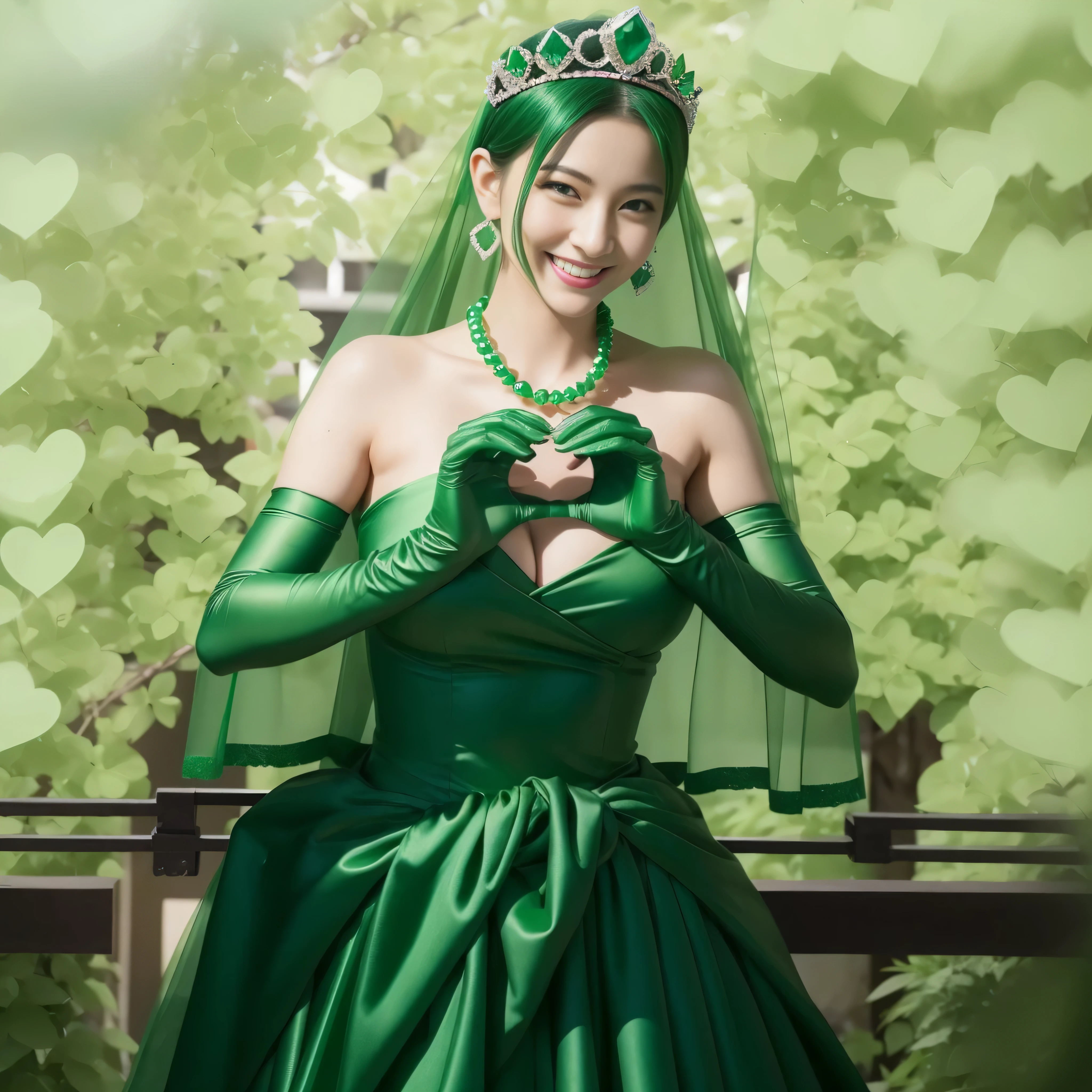 emerald tiara, green pearl necklace, ボーイッシュな非常に短いgreen hair, lipstick, smiling Japanese woman, very short hair, Beauty with large breasts, green eyes, Long Green Satin Gloves, green eyes, emerald earrings, green veil, heart with both hands, green hair, Beautiful Japan woman in her 30s, heart shaped hand:1.3