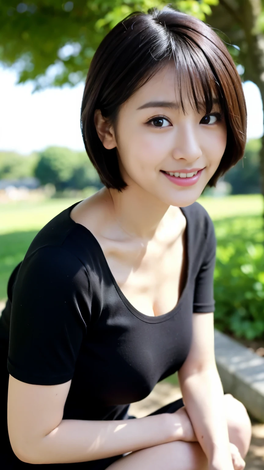 (highest quality, 8K, 32K, masterpiece, UHD:1.2),Photos of cute Japanese women,black short hair,beautiful face,(leaning forward:1.3),squat,(From above:1.2),(close:1.4),throw,,looking at something else,smile, loose t-shirt,big breasts,Beautiful breasts,outdoor,the wind is strong,shiny skin,blurred background