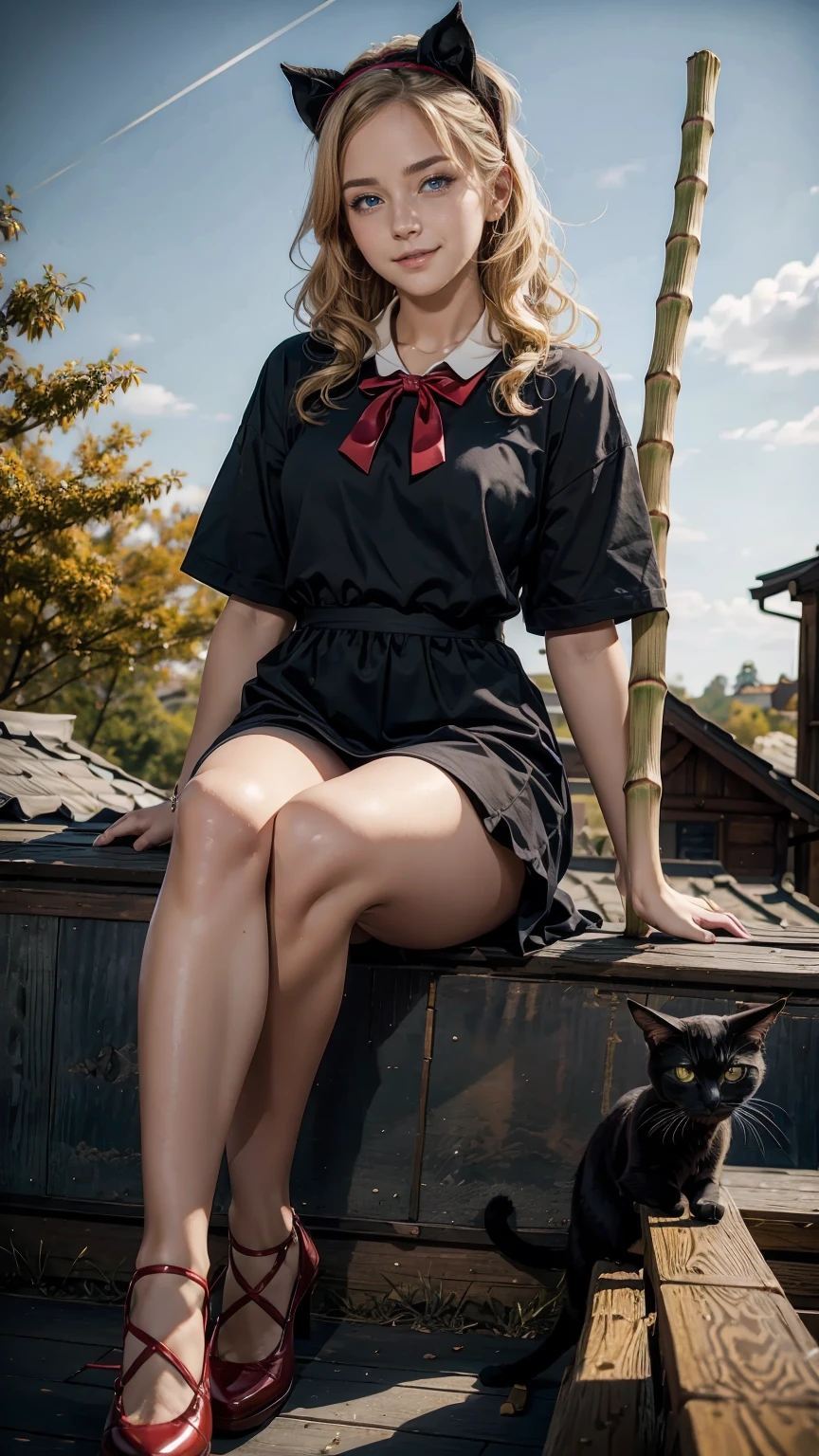 A 23-year-old white woman with unparalleled beauty.、blue eyes、dark blonde、hair is wavy、bob hair、She wears a red ribbon headband on her head.、The ends of the hair are curled upwards、smile、Slender yet well-proportioned body、sunlight is shining from above、photorealistic images、8K quality、I don't want my head to disappear from the screen.、wearing a dark blue dress、wearing red shoes、I have a bamboo broom with a long stick.、There's a black cat next to me、smile、Ghibli、Witch's Delivery Service、kiki、I'm sitting on the roof of Gamla Stan in Stockholm.