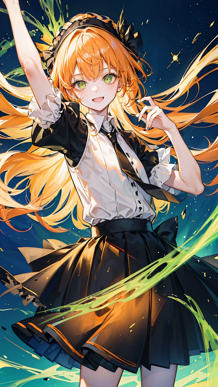 1boy,solo,cute,lovely,wink,gently smile, light orange hair, ((long straight hair)),light green eyes,anatomically correct,(black tie),((black ruffle skirt skirt)),black uniform ,night,starry sky, luminous effect,best quality, high quality,masterpiece, 8K 