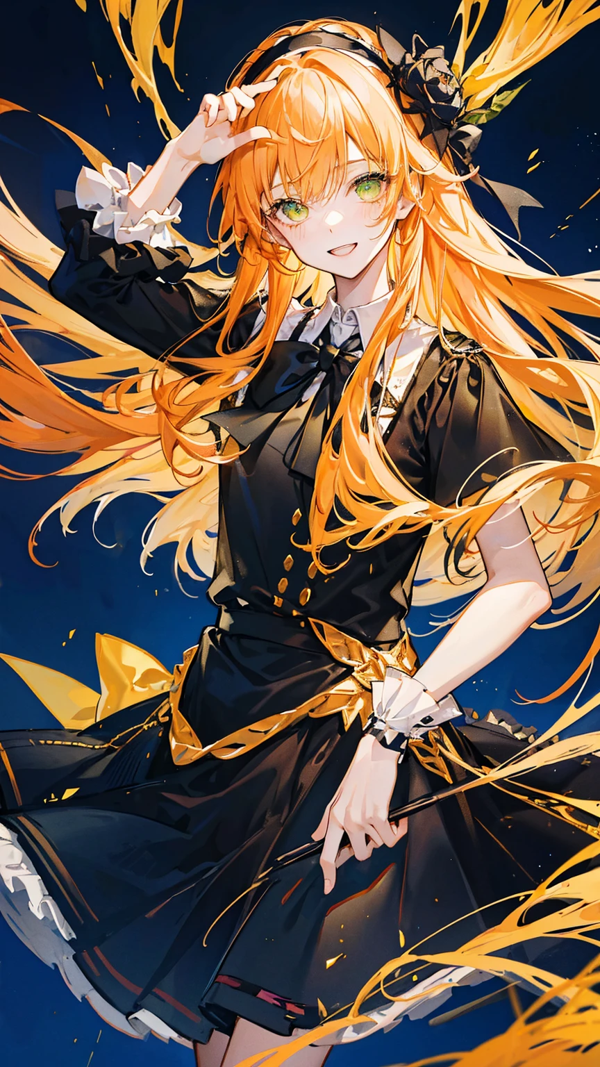 1boy,solo,cute,lovely,wink,gently smile, light orange hair, ((long straight hair)),light green eyes,anatomically correct,(black tie),((black ruffle skirt skirt)),black uniform ,night,starry sky, luminous effect,best quality, high quality,masterpiece, 8K