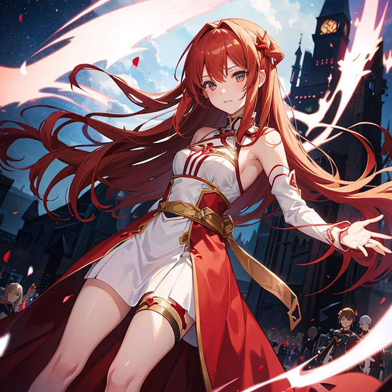 Asuna yuuki from sao with a long red medieval dress running scared from a Eugeo vampire in the back and a dark night