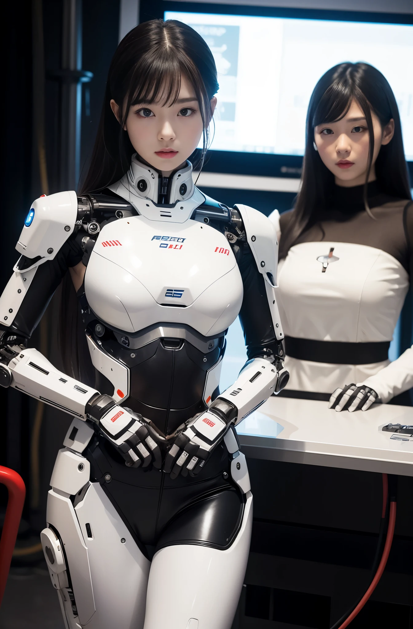 masterpiece, best quality,Japaese Cyborg Girl,Plump , announcer,control panels,android,Droid,Mechanical Hand, ,clothes with a sense of mechanical technology, Robot arms and legs, Black Robot Parts,Black hair,Mechanical body,Blunt bangs,White abdomen,White robotics parts,tube dress,perfect robot woman,perfect android woman, perfect mechanical woman,future laboratory,android factory,cyborg factory,robot factory,cyber pank,charging spot,long tube,thick cable connected her neck,bowing,maintainance her,repaired her,full eyes,dark black tights,a bit chubby