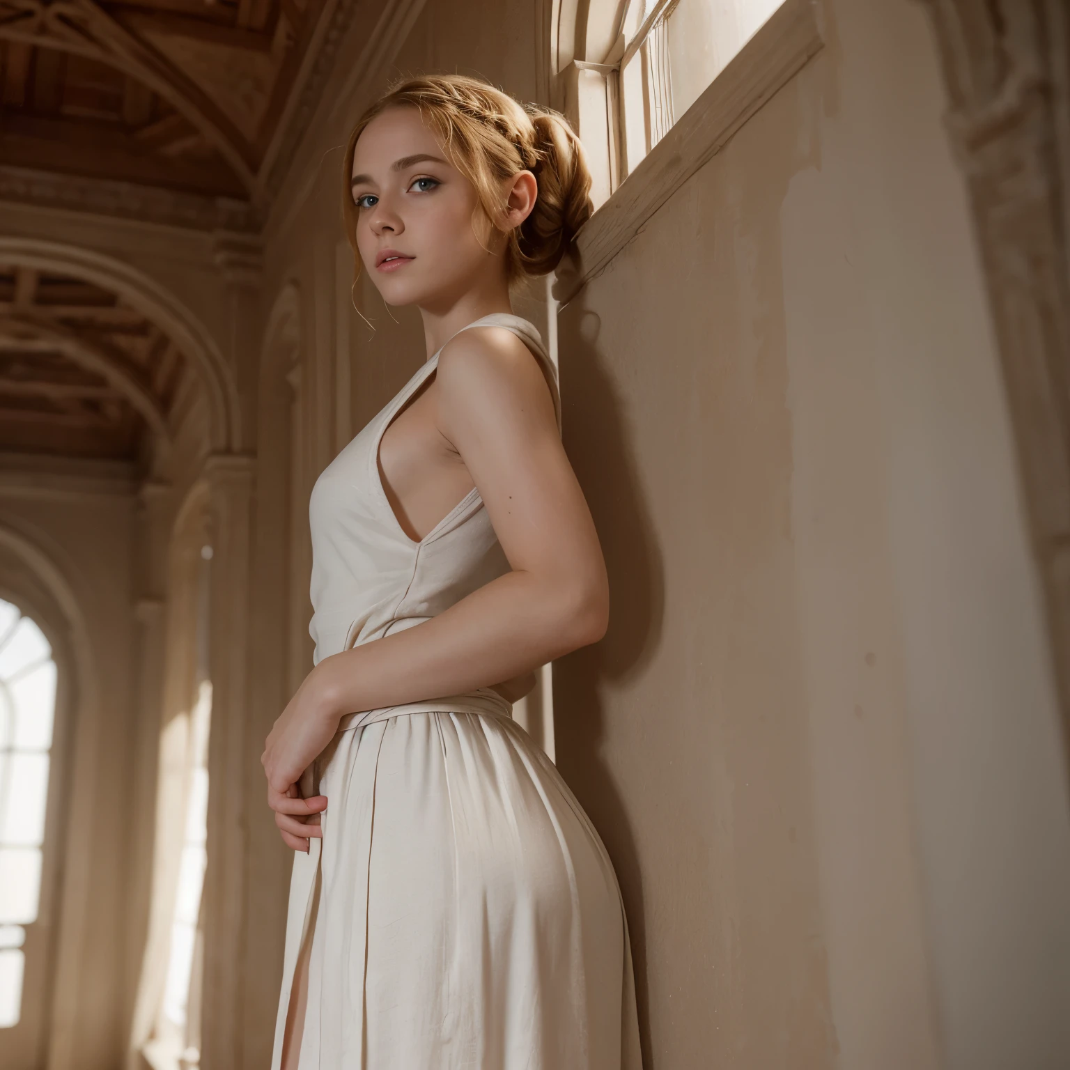 Sophia Lillis, thick body, braided ponytail, elven room, fantasy picture, white toga