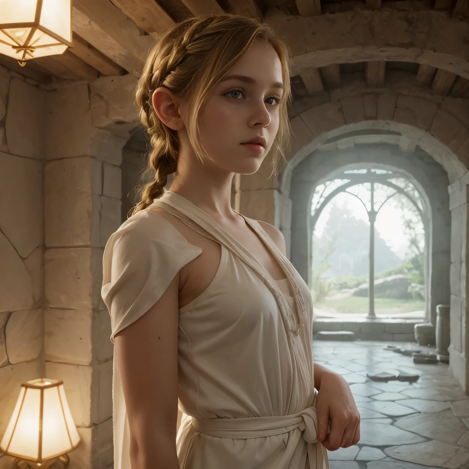 Sophia Lillis, thick body, braided ponytail, elven room, fantasy picture, white toga