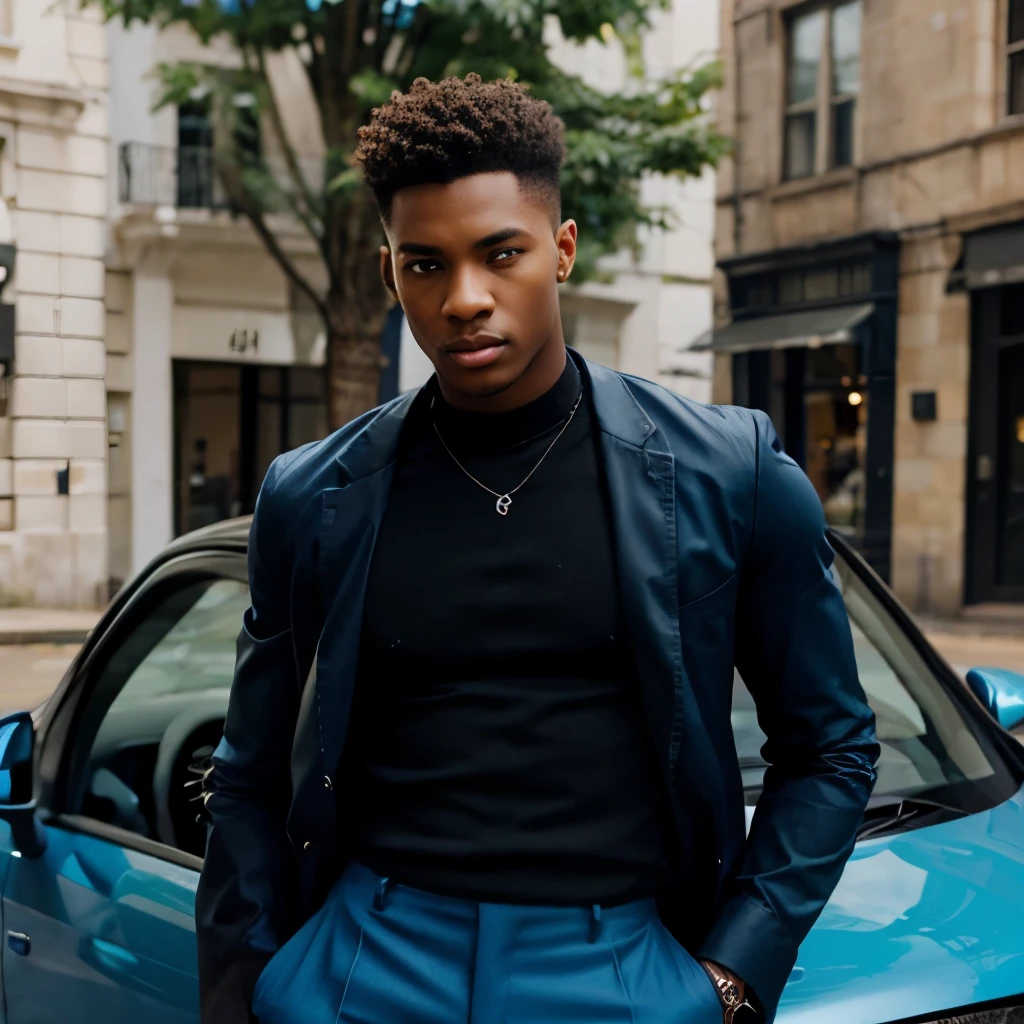 gotic car behind a handsome black ebene man age 20 wearing style clothes with bleu colour