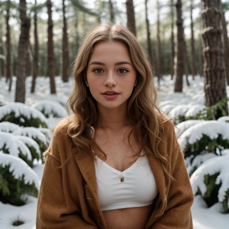 (one woman),Cute , , slim, white skin, ((B cup small breasts)), tight waist, Curly blonde hair, instagram model, realistic, インスタグラムのphotograph, photograph, genuine, In town.((Moscow girl)), ((Winter Forest))、Freckles on the cheeks, slanted eyes,hime cut, grey hair, upturned eyes, eyeball, tongue out, confused, oral invitation, Surrealism, 8k, super detail,