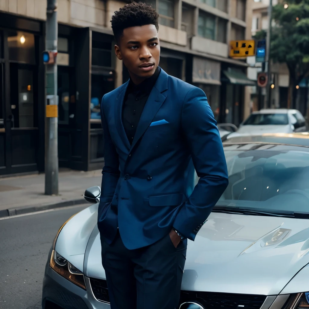 gotic car behind a handsome black ebene man age 20 wearing style clothes with bleu colour 