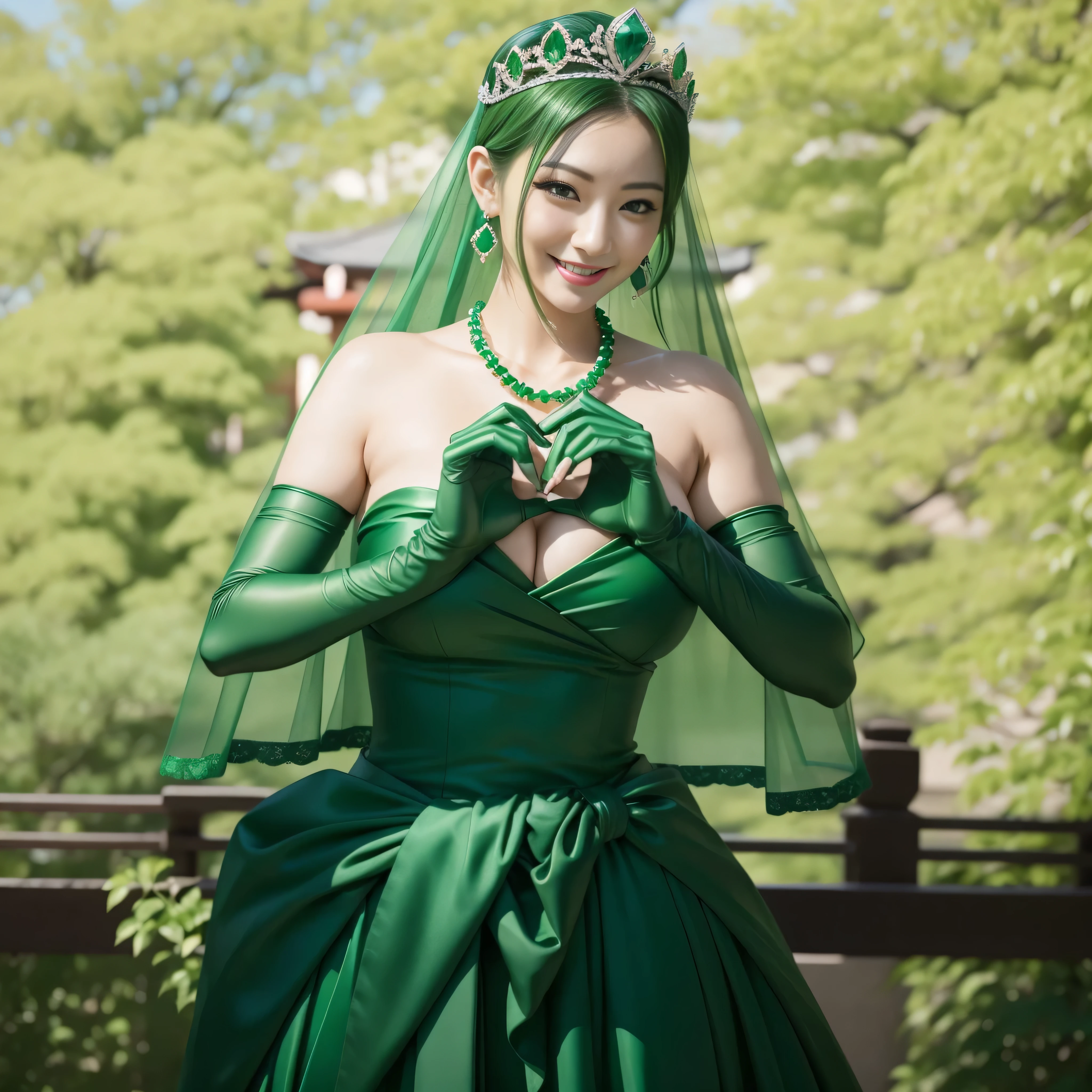 emerald tiara, green pearl necklace, ボーイッシュな非常に短いgreen hair, lipstick, smiling Japanese woman, very short hair, Beauty with large breasts, green eyes, Long Green Satin Gloves, green eyes, emerald earrings, green veil, heart with both hands, green hair, Beautiful Japan woman in her 30s, heart shaped hand:1.3