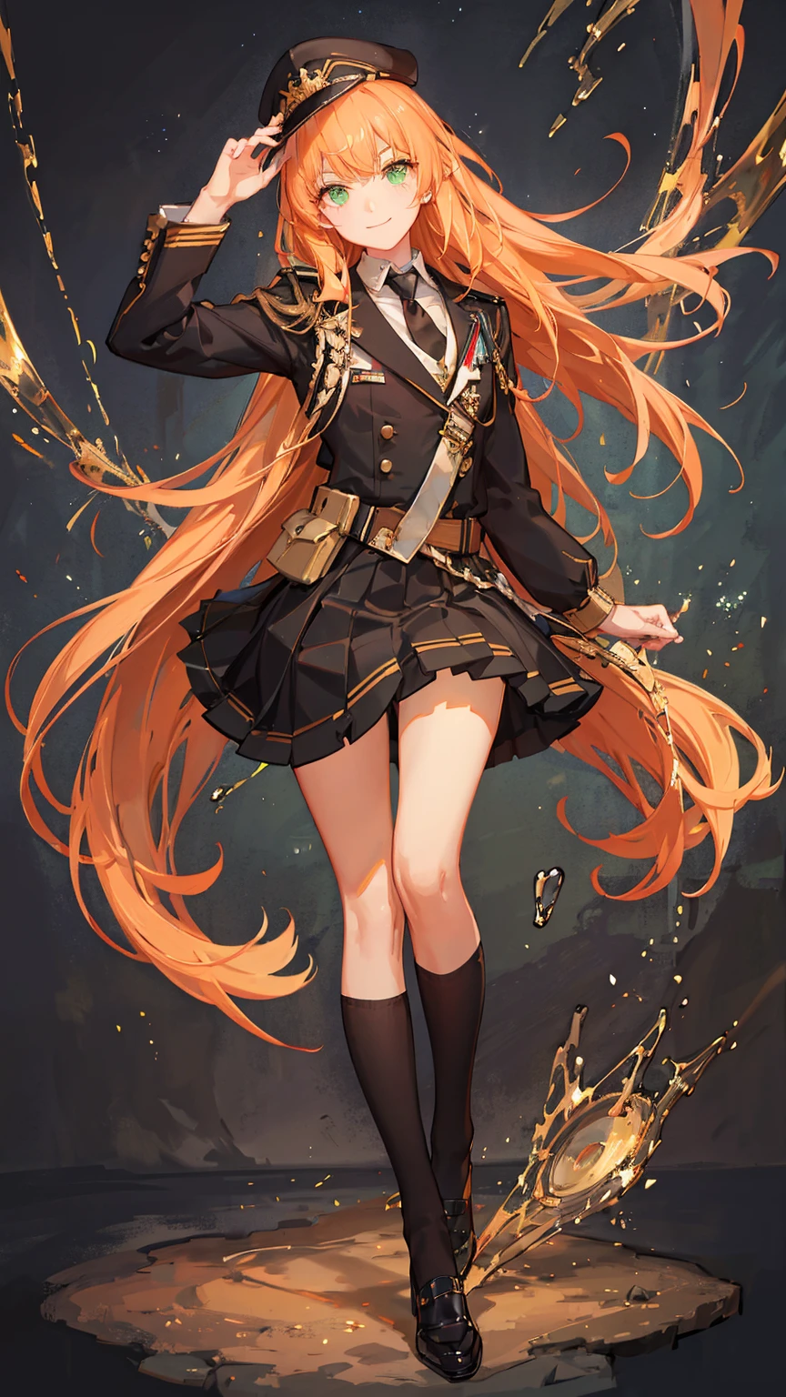 1boy,solo,cute,lovely,wink,gently smile, light orange hair, ((long straight hair)),light green eyes,anatomically correct,military cap,(black tie),((black ruffle skirt skirt)),black uniform ,night,starry sky, luminous effect,best quality, high quality,masterpiece, 8K 