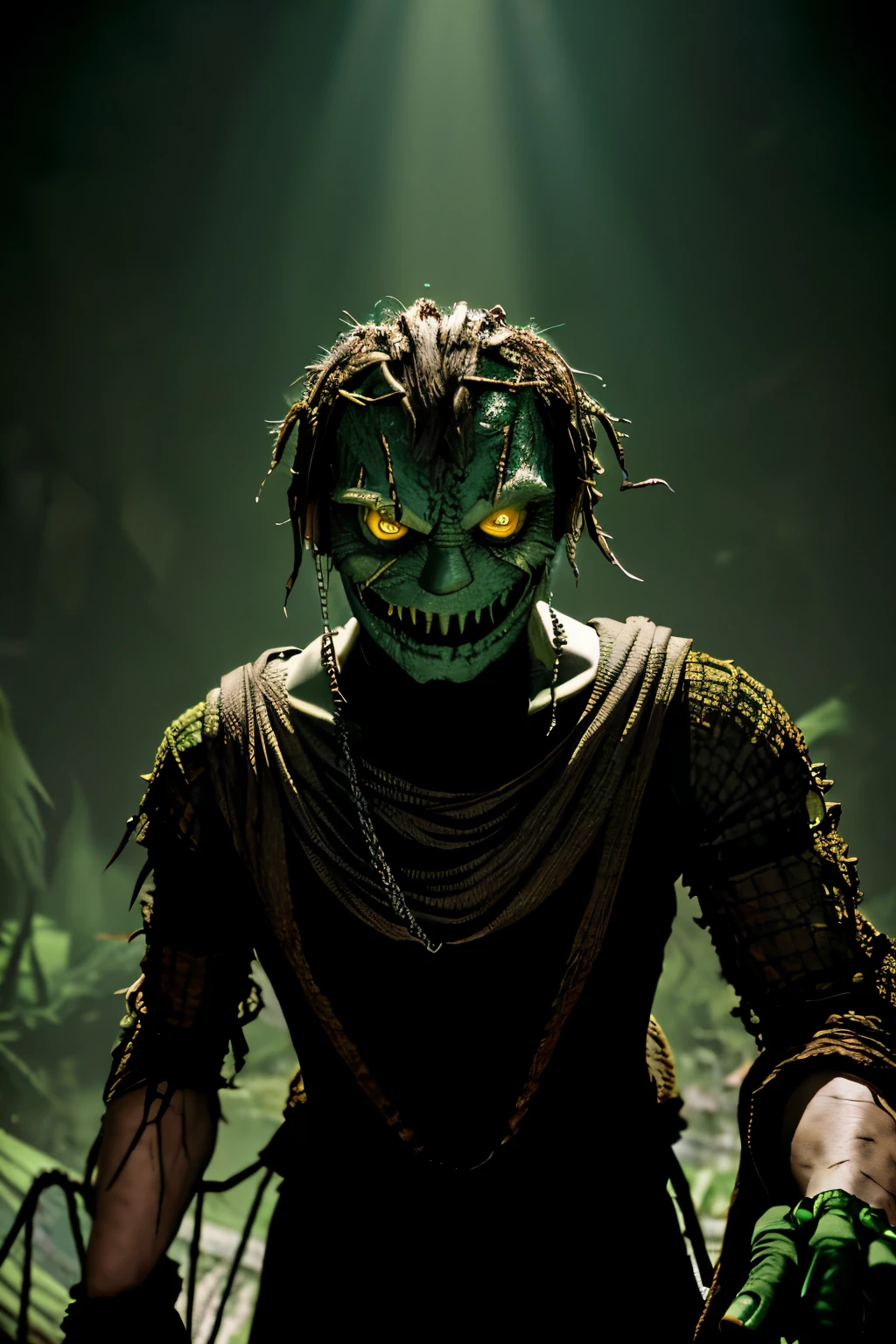 An intimidating green monstrous man with four arms and a chain bearing a single hook at its end stands before a scarecrow. His towering figure, crafted from a grotesque blend of wood and straw, exudes an unsettling aura. His enormous stature casts long, ominous shadows in the dimly lit environment. The chain in his hand whines as he tightens his grip, the hook glinting menacingly in the flickering light. His green, scaly skin is dotted with rough, wiry growths, adding to his monstrous appearance. His piercing, yellow eyes seem to bore holes into the defenseless scarecrow, promising a fear