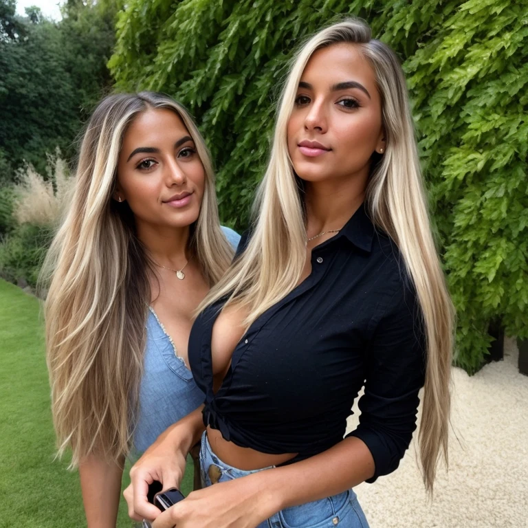 A 23-year-old blonde woman, ((pechos grandes)), ((hiperrealismo)) ,. blonde hair with light brown roots. cabello rubio, Hair with brown roots, cabello extra largo, cabello muy largo, really long hair, Beautiful, Front view, selfie, photo taken with iPhone, elegant black shirt with escote, escotada, selfie in the garden, high quality, selfie iPhone, cleavage