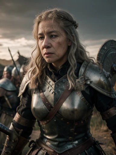(masterpiece, highly detailed, ultra realistic, highest quality), portrait, upper body shot, older viking warrior queen in full battle gear, / helen mirren / older lady, 60 years old, silver curly hair, (hires textures), detailed face, angry, carrying a huge bloodied axe and shield, fierce, scars, blood spatter, battle damage, dynamic pose, fighting stance, battlefield background, in the midst of battle, nordic sunset, gritty, ultra realistic, bokeh, game of thrones, tolkien, fantasy art, incredible detail