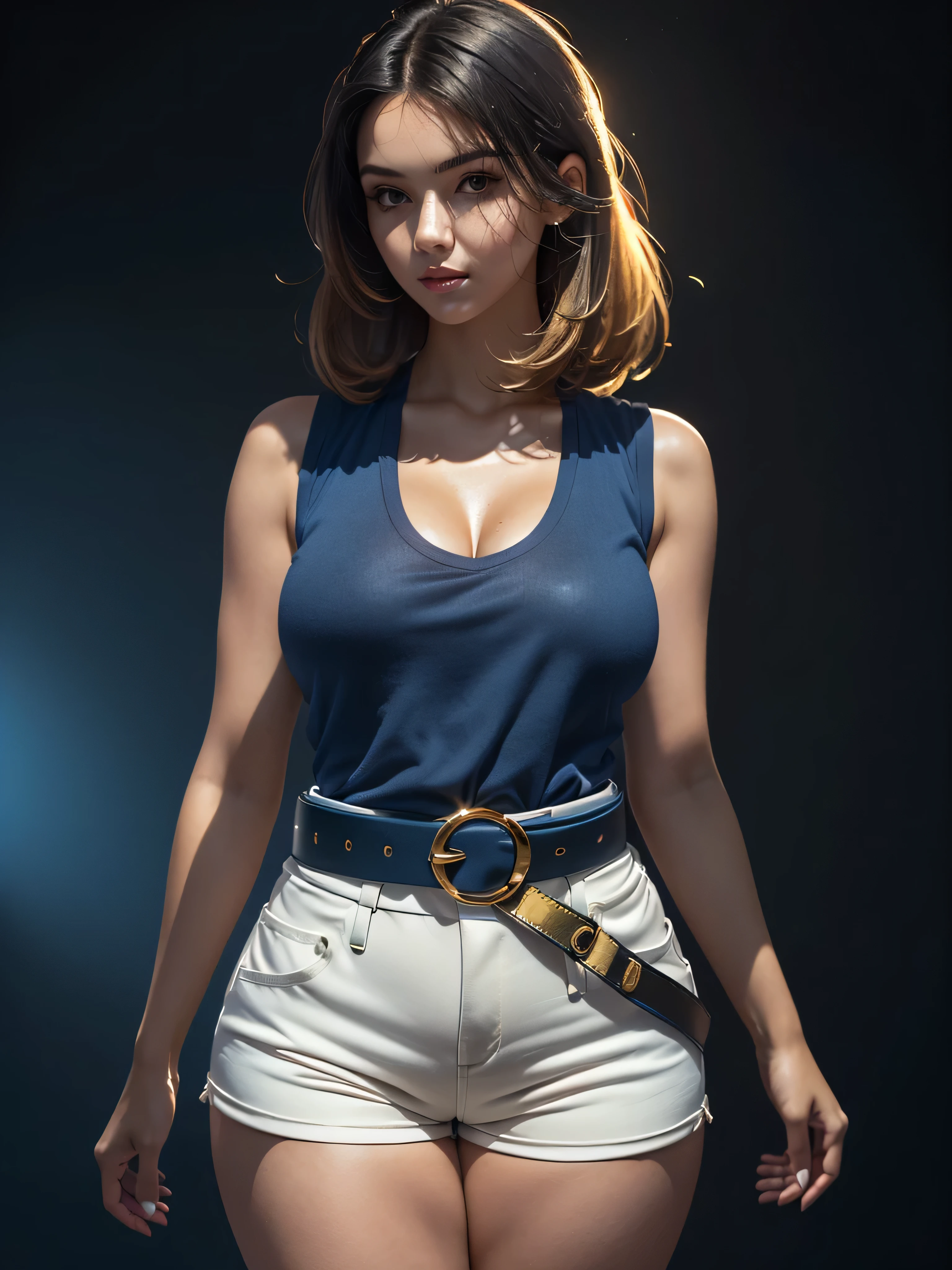 (best realista quality, 8k, Mulher (muito gordo, corpo todo), with oily e porcelain skin, corpo todo, Ahead of you, luz refletida em seu rosto detalhado, olhos detalhados, atraente, perfect e well detailed, (o cabelo comprido excede os quadris), ((round e )), equal  size e appearance, Ela usa cobrindo-a ( um top estilo colete, futurista, com azul escuro, DETALHES DE OURO), (short branco com cinto, pequenos detalhes dourados), (pernas grossas), em um ambiente muito claro, e (muito iluminado, realista) (fundo desfocado)