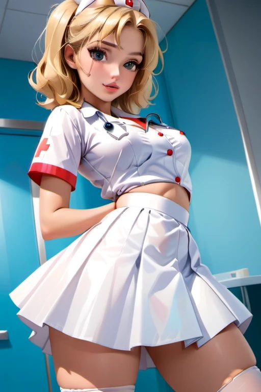 1girl, blonde, nurse, glossy white lather skirt, 