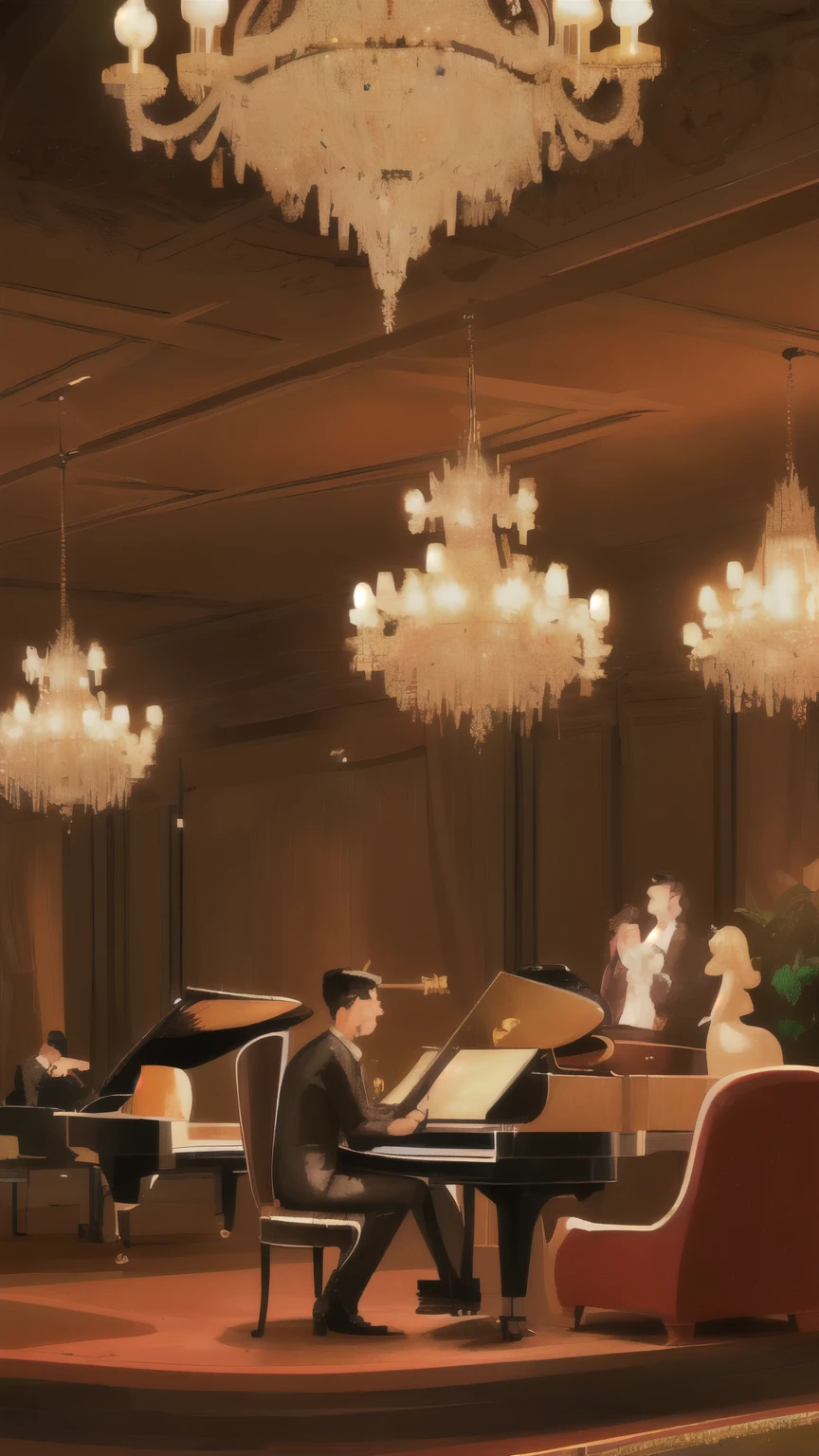 Jazz club at night, luxury vintage, with low-hanging crystal chandeliers casting a warm glow over mahogany tables, plush leather chairs, and a grand piano, the air filled with the smooth melodies of a live jazz band, Illustration, digital art with emphasis on capturing the richness of textures