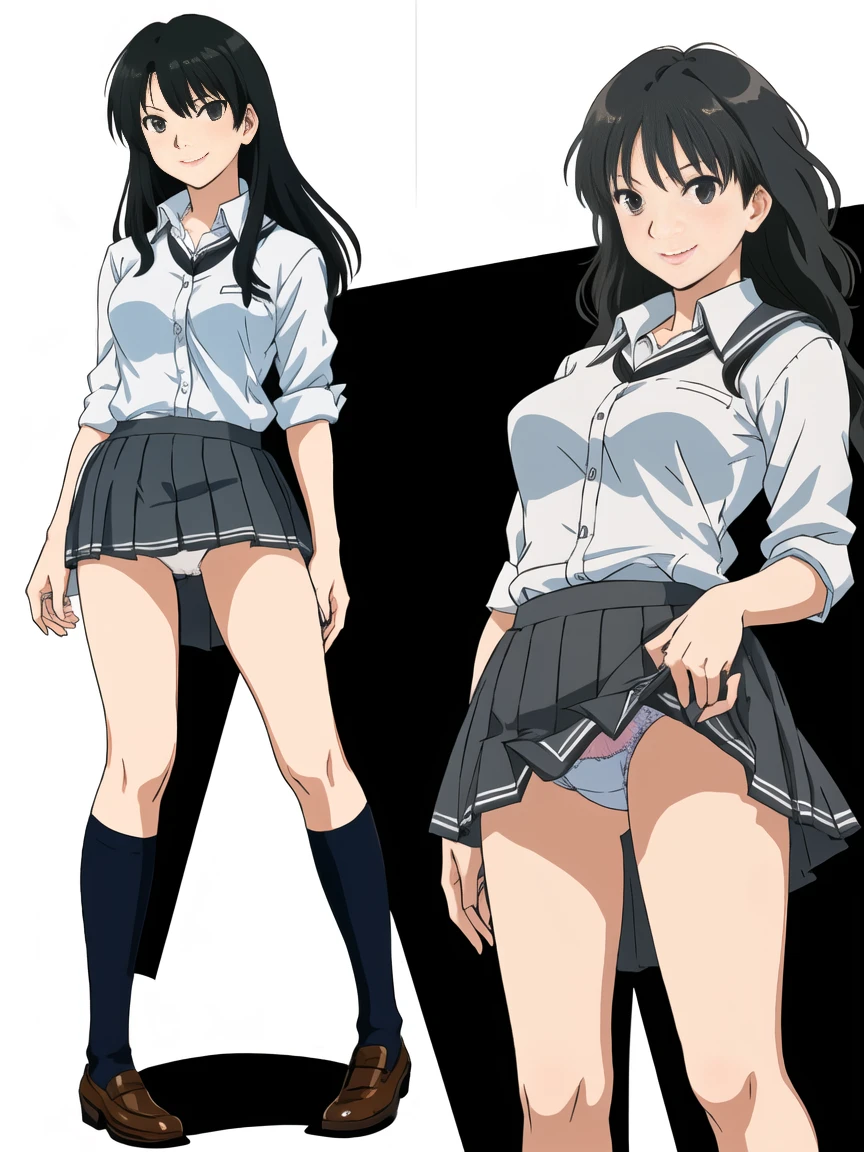 highest quality, ultra high resolution, (realistic: )2D official style cel animation,((multiple views))Amagami Tsukasa Ayatsuji,high school girl,uniform,Gray mini skirt,summer shirt.button unlock,bra,nipple,panties,Long straight hair,full body portrait,from below,In front of the station,sunny,smile,Low - Angle