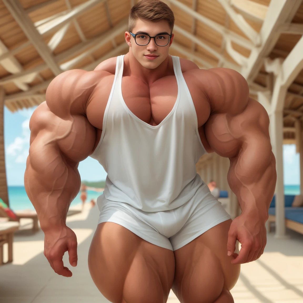 white skin, tall to the ceiling, bodybuilder, nerd with glasses, tropical beach, dressed in speedo and tight tank top, show abs, cute young face, view from back. height difference. high detail faces. love feeling. Show full model height.