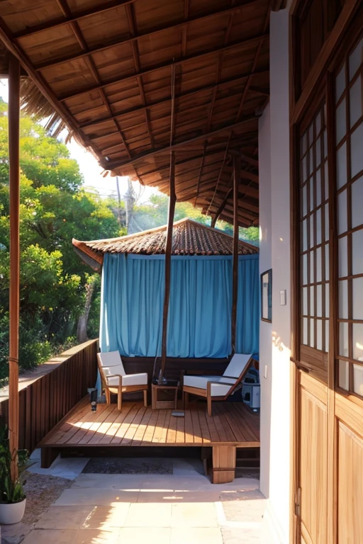 （Dentro de uma cabana de palha）
