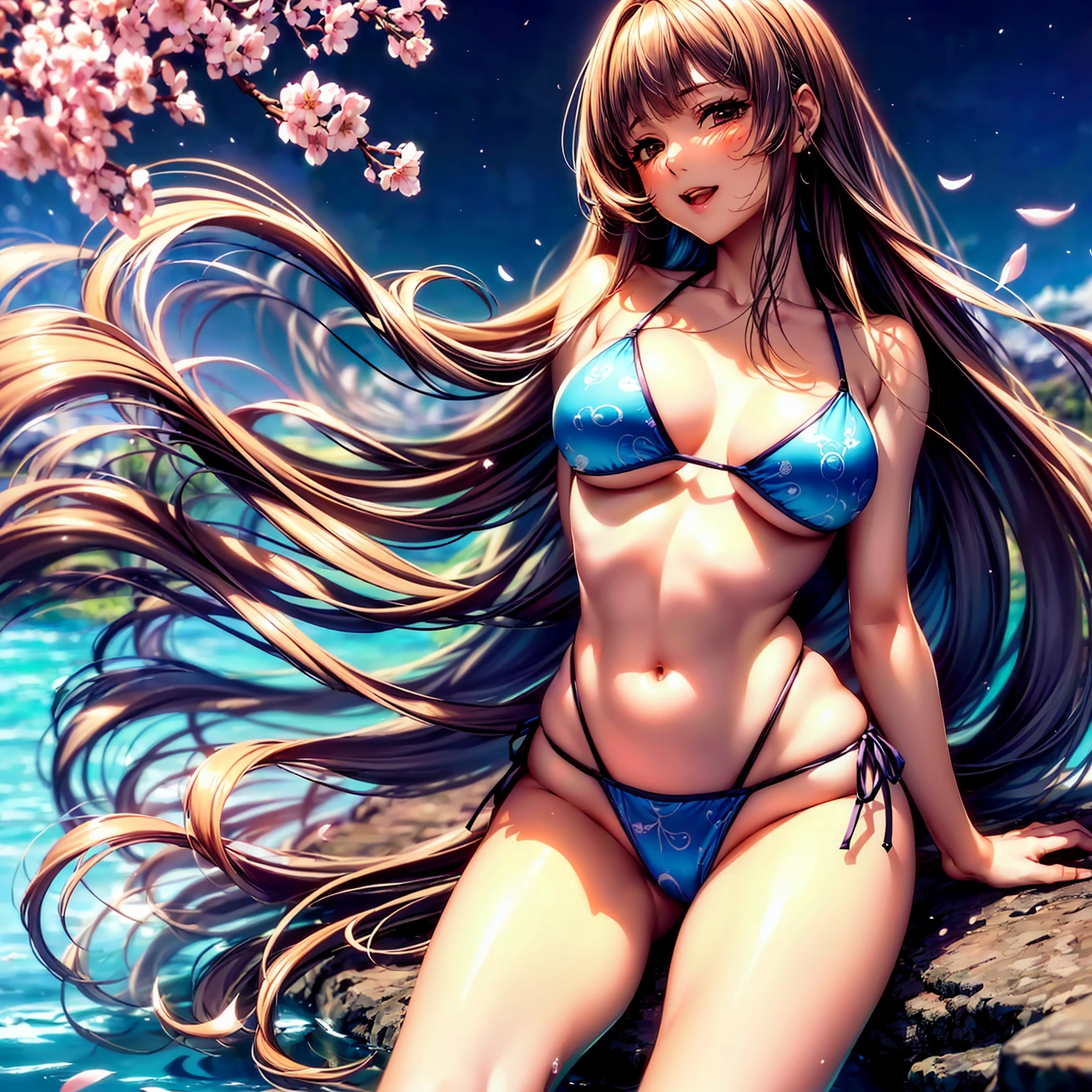 (((highest quality,masterpiece,very high resolution,Super high quality,perfect details))), (A beautiful woman with exquisite beauty:1 person,perfect body,beautiful face,beautiful outline、smile, blush、open your mouth),(beautiful hair, neat bangs, beautiful hair質感),(Beautiful body with beautiful breasts and beautiful legs,Beautiful skin texture),((可愛いbikini swimwear:patterned and colorful,bikini swimwear:color and pattern)),(Mysterious waterfront,There is a waterfall,Night cherry blossoms and starry sky, Cherry blossoms fall,the wind is blowing,beautiful scenery), (water play,beautiful pose,beautiful posture), (water play,beautiful pose,model shoot),(whole body,Thighs are visible,accurate anatomy、highly detailed images、accurate image、Perfect Image 1.5)、beautiful anime woman, beautiful art style, anime character、(Overall image、Image without defects、natural soft light、beautiful images),(best shot,Raw photo 1.2)
