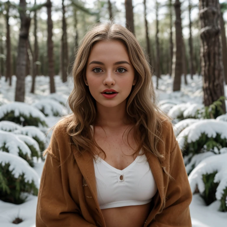 (one woman),Cute , 15 years old, slim, white skin, ((B cup small breasts)), tight waist, Curly blonde hair, instagram model, realistic, インスタグラムのphotograph, photograph, genuine, In town.((Moscow girl)), ((Winter Forest))、(Freckles on the cheeks), slanted eyes,hime cut, grey hair, ((upturned eyes)), eyeball, ((tongue out)), confused, oral invitation, Surrealism, 8k, super detail,