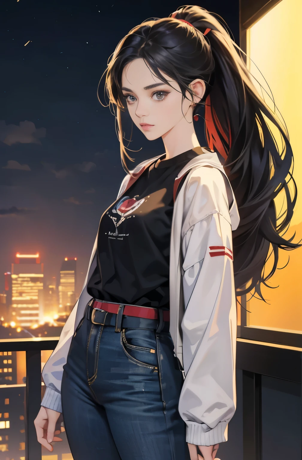 beautiful woman with long black ponytail, Anime drawing by Yang J, pixiv, serial art, anime style 4 k, anime style. 8K, Gwaites style artwork, Realistic anime 3D style, anime style illustration, high quality anime art style, digital anime illustration, realistic anime art style, anime art style, very colorful, pop feel, in.s. summer image, summerside night, Adult woman around 27 years old, Very sophisticated, That will happen, wearing a colorful jacket, Black jeans, cross belt, tall model body shape, a noble dream, Mysterious, cool beauty, fashion role model, it will happen, Anime drawing by Yang J, Trending at Art station, realism, extremely detailed germ of art, Realistic anime 3D style, anime style 4 k, モデルまin | germ of art, anime style. 8K, casual clothes, realistic anime art style, style germ of art, sharp outline, highest quality, perfect angle, perfect composition, The perfect subject, best shot, official art,CD jacket, 80s city pop, very stylish
