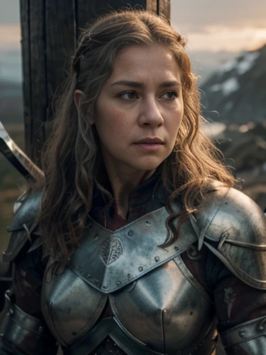 (masterpiece, highly detailed, ultra realistic, highest quality), portrait, upper body shot, older viking warrior queen in full battle gear, / helen mirren / older lady, 60 years old, silver curly hair, (hires textures), detailed face (ultra detailed skin), angry, carrying a huge bloodied axe and shield, fierce, scars, blood spatter, battle damage, dynamic pose, fighting stance, battlefield background, in the midst of battle, nordic sunset, gritty, ultra realistic, bokeh, game of thrones, tolkien, fantasy art, incredible detail