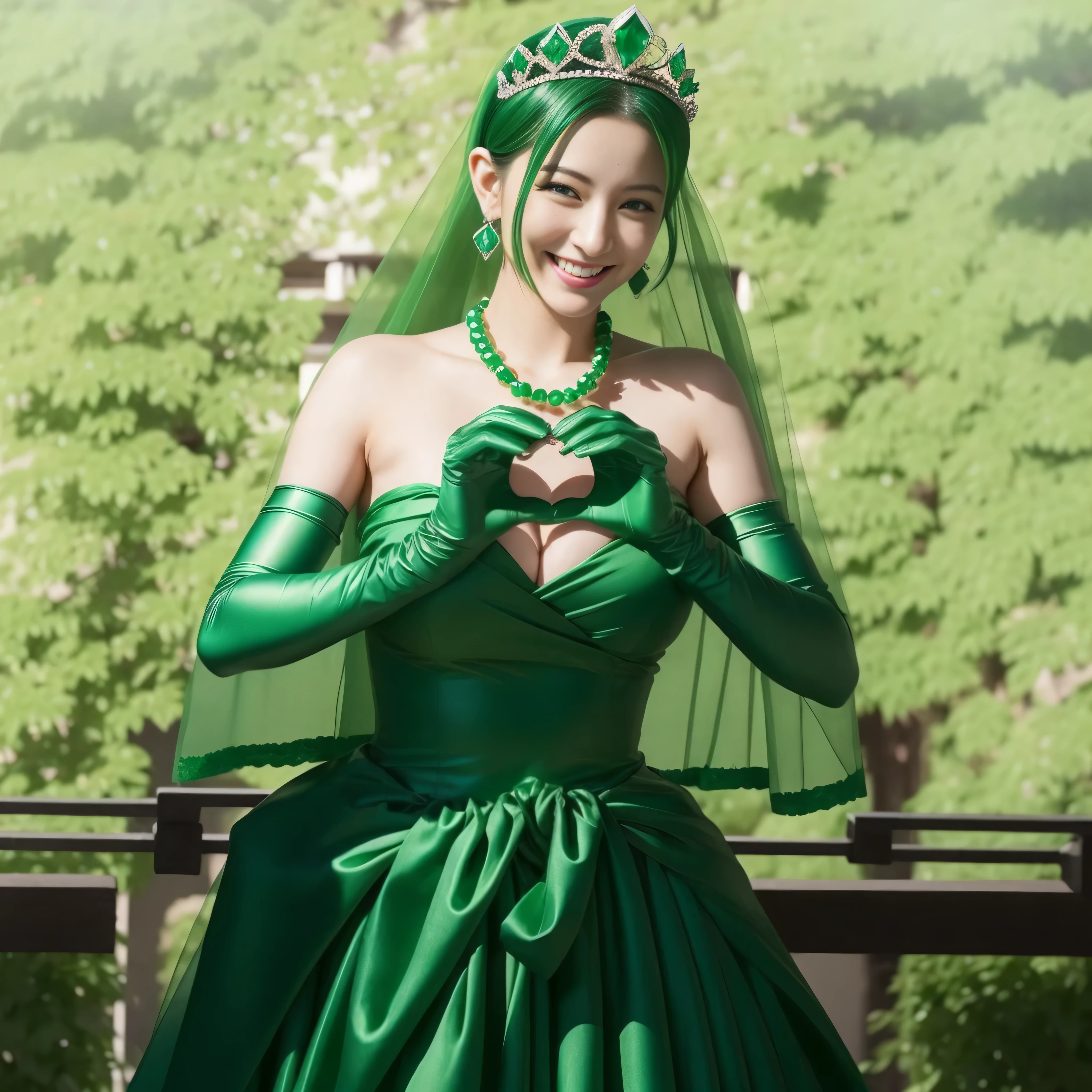 emerald tiara, green pearl necklace, ボーイッシュな非常に短いgreen hair, lipstick, smiling Japanese woman, very short hair,  Beauty with large breasts, green eyes, Long Green Satin Gloves, green eyes, emerald earrings, green veil, heart with both hands, green hair, Beautiful Japan woman in her 30s, heart shaped hand:1.3