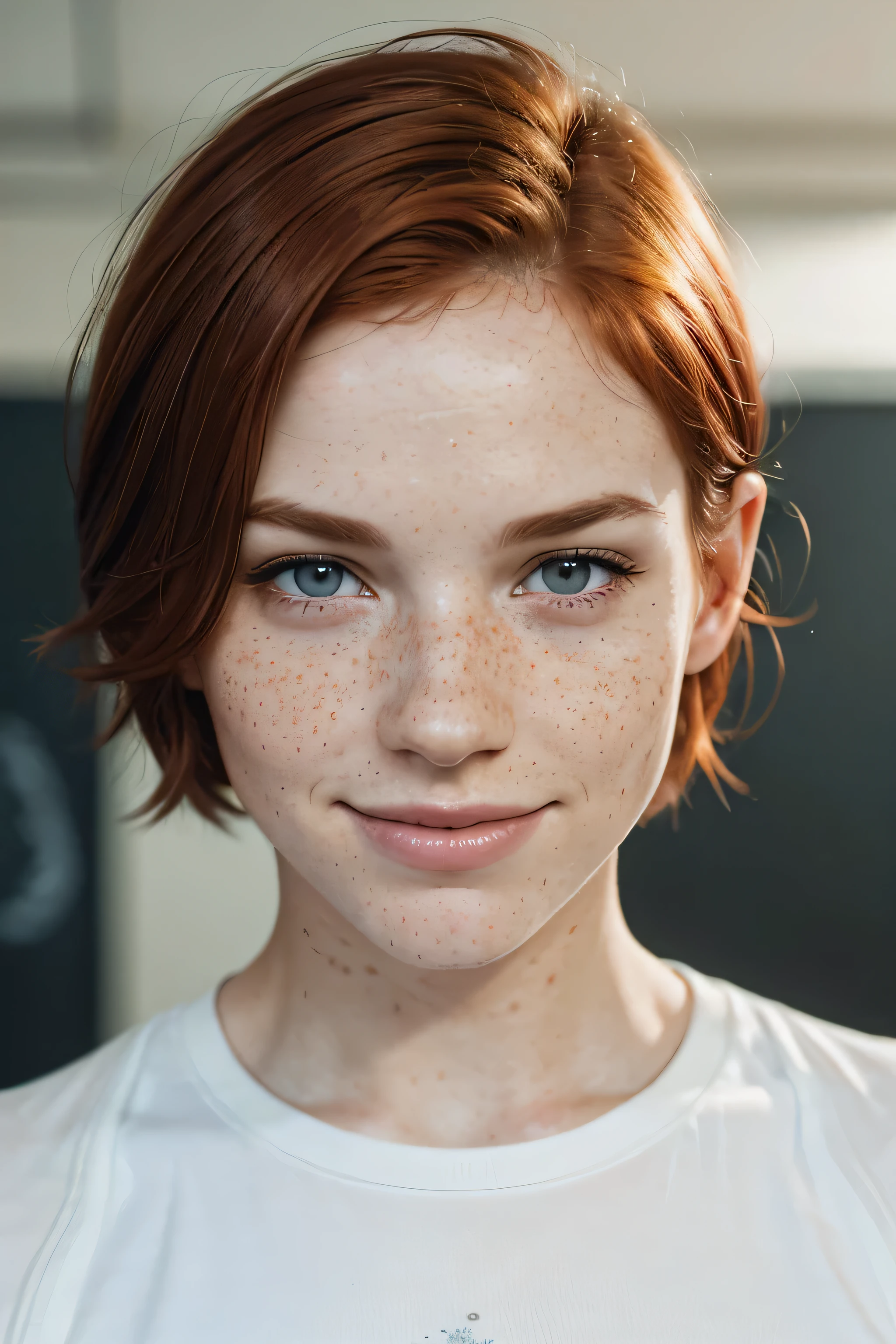 feminine figure, redhead, freckles, best quality, a shirt, realistic skin texture, smiling, upper body portrait, classroom background, photography, detailed facial features, film grain texture and high contrast, extremely high-resolution details, photographic, photorealistic, hyper-realistic, HDR, masterpiece, short hair.