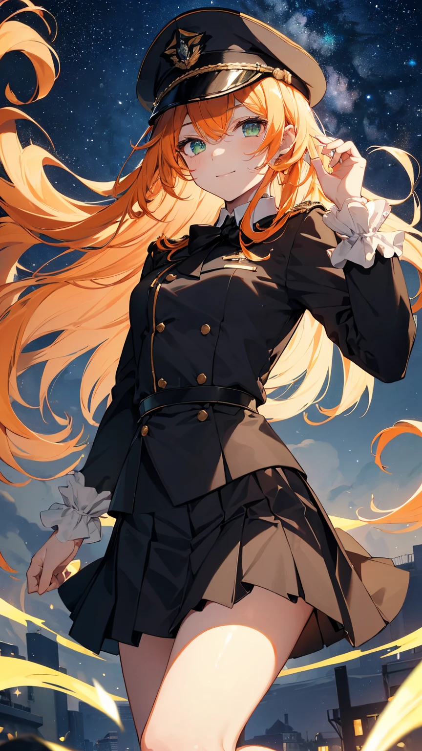 1boy,solo,cute,lovely,wink,gently smile, light orange hair, ((long straight hair)),light green eyes,anatomically correct,military cap,(black tie),((black ruffle skirt skirt)),black uniform ,night,starry sky, luminous effect,best quality, high quality,masterpiece, 8K