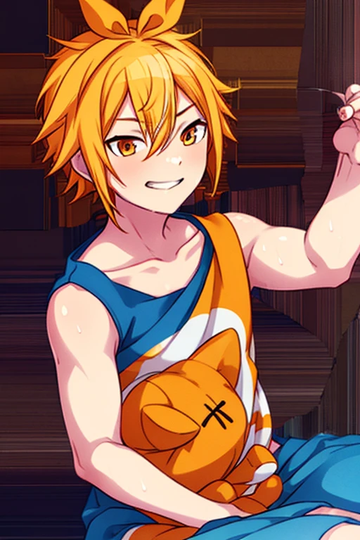 10ma_t, Tsukasa3rd, tsukasa3rd, 1 boy blonde hair solo orange eyes, streaked hair, low pony tail, double breasted, looking at viewer, hair between eyes, softly smiling, jester cap, stuffed animal, asymmetrical bangs, collarbone, kupaa, steam, window, night sky, in a room