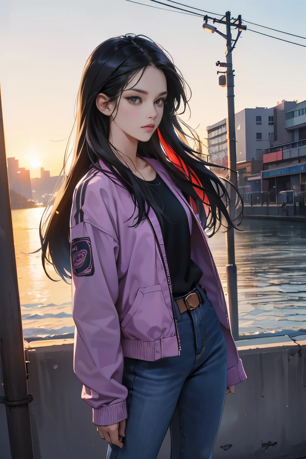very colorful, pop feel, summer image, Beautiful woman with long black hair, A melancholy look, Around 25 years old, seaside, wearing a purple jacket, Black jeans, perfect tall model body,Mysterious, cool beauty, it will happen, in.s. west coast, sparkling summer memories, Anime drawing by Yang J, Trending at Art station, realism, extremely detailed germ of art, Realistic anime 3D style, anime style 4 k, モデルまin | germ of art, anime style. 8K, casual clothes, cross belt, realistic anime art style, style germ of art, sharp outline, highest quality, perfect angle, perfect composition, The perfect subject, best shot, official art,CD jacket, 80s city pop, Fashionable,very stylish