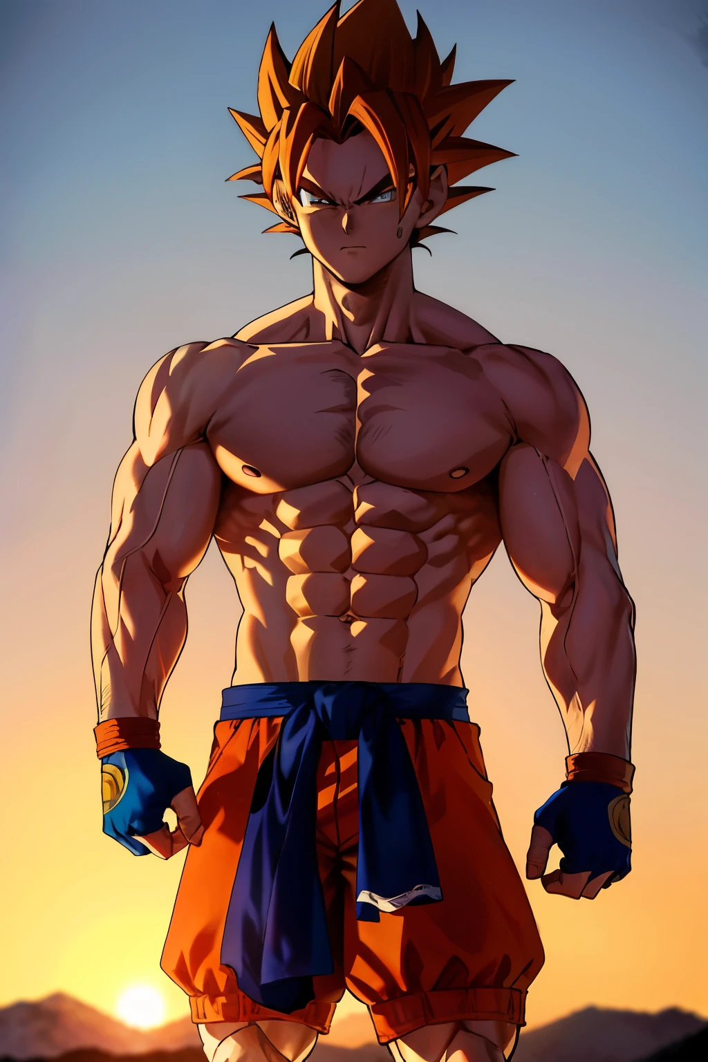 Title: Muscular Goku and Vegeta in an Epic Showdown

Masterpiece: 1.6, best quality

Two powerhouse Saiyan warriors, Goku and Vegeta, stand tall against each other in a breathtaking, open battlefield. Their muscles are incredibly defined, each fiber popping out, showcasing their immense strength and dedication to their martial arts training (muscles: 1.8). The sun is setting in the background, casting long, dramatic shadows over the landscape (sky: 1.2, orange and red hues).

Goku wears his iconic blue gi with a yellow undershirt peeking out from beneath. Ve