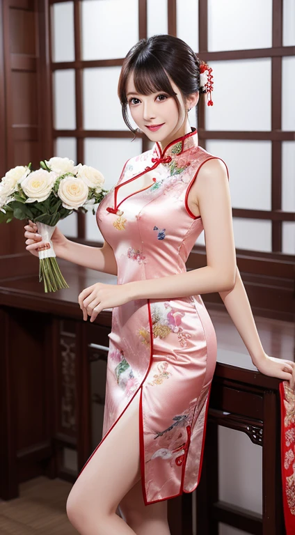 beautiful breasts、cleavage、(table top, highest qualityの, highest quality, official art, beautiful and aesthetic:1.2), 1 girl ,大人30歳のSexy魅力、 japanese women、very detailed, (flowers:1.3),best details, (dynamic pose), (blurred background:1.3), qipao dress(traditional chinese cloth:1.2), (shiny skin),slight smile、Full body Esbian、Slit cut cheongsam cut to the waist、Sexy、