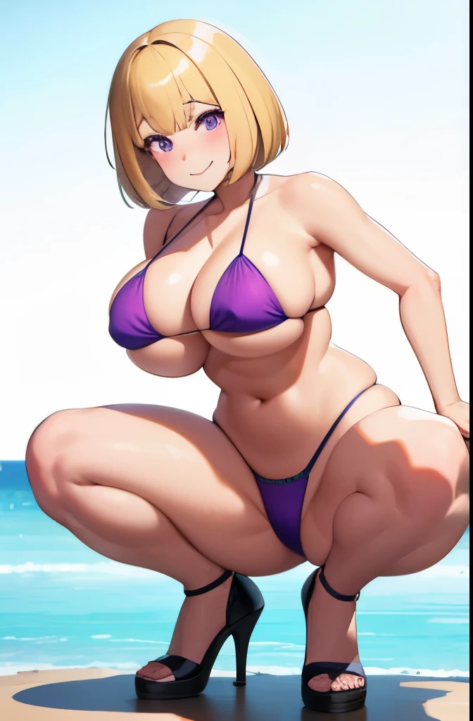 1 girl,blonde hair,bob,bangs,purple eyes,big breasts,big breasts,nsfw,smile,Happy,Put your hands on your head,string bikini,squatting,high heels
