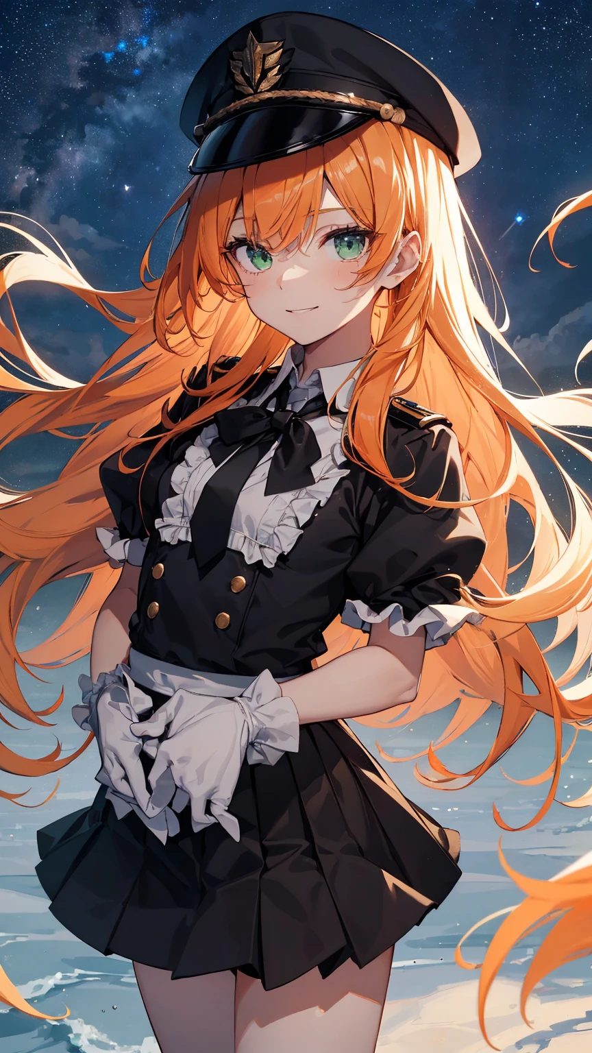 1boy,solo,cute,lovely,wink,gently smile, light orange hair, ((long straight hair)),light green eyes,anatomically correct,small military cap,(black tie),((black ruffle skirt skirt)),black uniform ,night,starry sky, luminous effect,best quality, high quality,masterpiece, 8K 