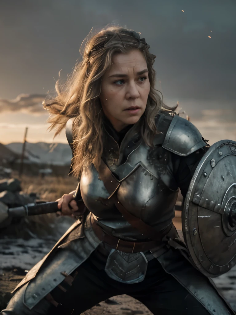(masterpiece, highly detailed, ultra realistic, highest quality, cinematic), portrait, upper body shot, older viking warrior queen in full battle gear, / helen mirren / older lady, 60 years old, silver curly hair, (hires textures), detailed face (ultra detailed skin), cheek scar, angry, carrying a huge bloodied axe and shield, fierce, scars, blood spatter, battle damage, dynamic pose, fighting stance, battlefield background, in the midst of battle, nordic sunset, gritty, grizzled, ultra realistic, bokeh, game of thrones, tolkien, fantasy art, incredible detail