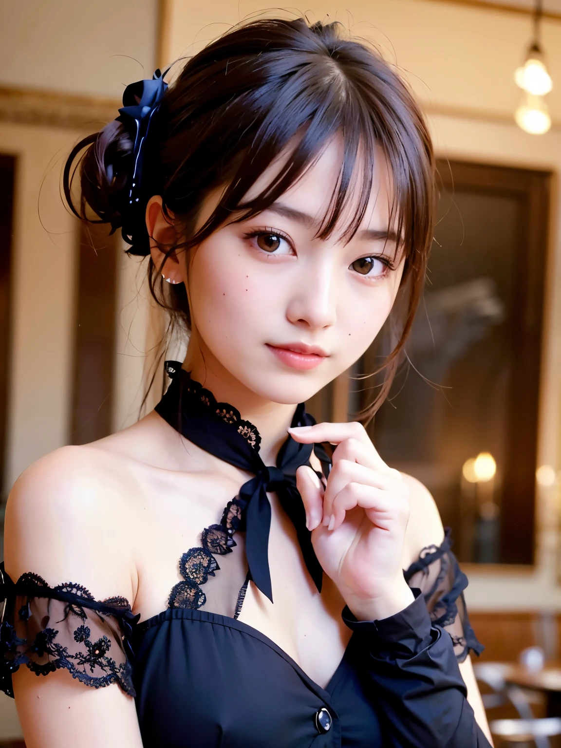 1 nogizaka girl, So cute, bishojo, **, (gothic  fashion), A delicate and beautiful face, eyes, and skin, dense black shiny hair, elegant frills, frilled tie, ribbon tie, rose hair accessories, twin tails、(smile at the camera), (cowboy shot), (european castle), professional lighting, break, (realistic, photo-realistic:1.37), 8K, (masterpiece), (highest quality:1.4), (ultra high resolution:1.2), (RAW photo:1.2), (a dress with delicate lace, soft fabric, and a beautiful rose pattern), perfect anatomy, 4 fingers and 1 thumb, super detailed background, (unity 8K wallpaper)