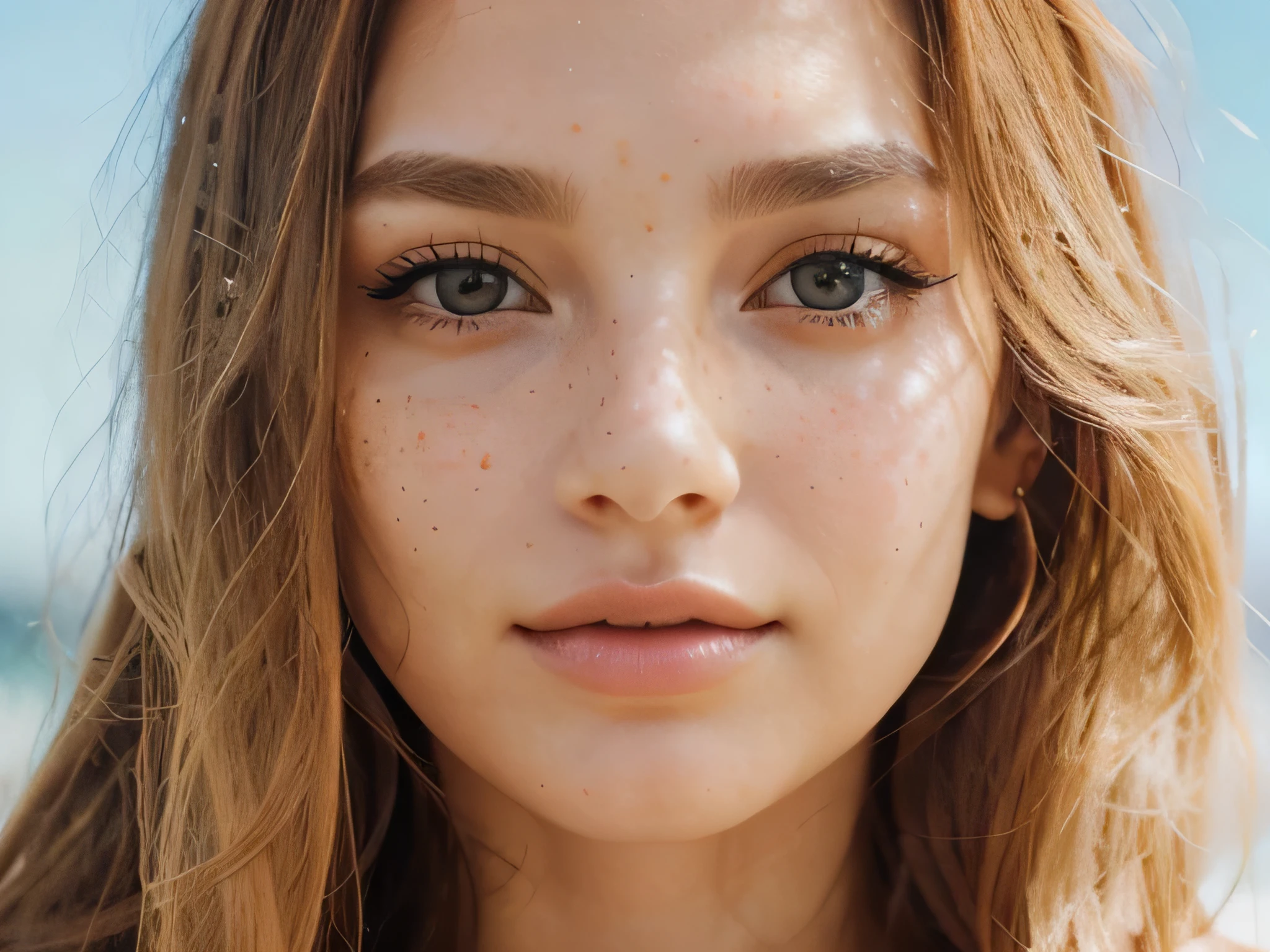 Her striking brown eyes exude a magnetic charm, and a more slender nose enhances her graceful features, while graceful freckles delicately adorn her cheeks