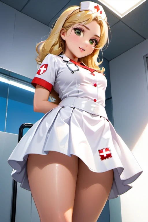 1girl, blonde, nurse, glossy white lather skirt, ctmp, bottom view from front