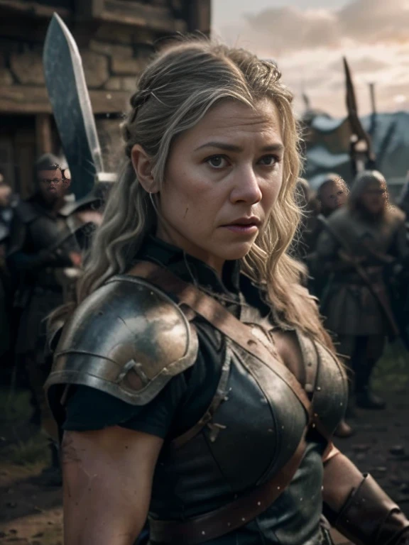 (masterpiece, highly detailed, ultra realistic, highest quality, cinematic), portrait, upper body shot, older viking warrior queen in full battle gear, / helen mirren / older lady, 60 years old, silver curly hair, (hires textures), detailed face (ultra detailed skin), cheek scar, angry, carrying a huge bloodied axe and shield, fierce, scars, blood spatter, battle damage, dynamic pose, fighting stance, battlefield background, in the midst of battle, nordic sunset, gritty, grizzled, ultra realistic, bokeh, game of thrones, tolkien, fantasy art, incredible detail
