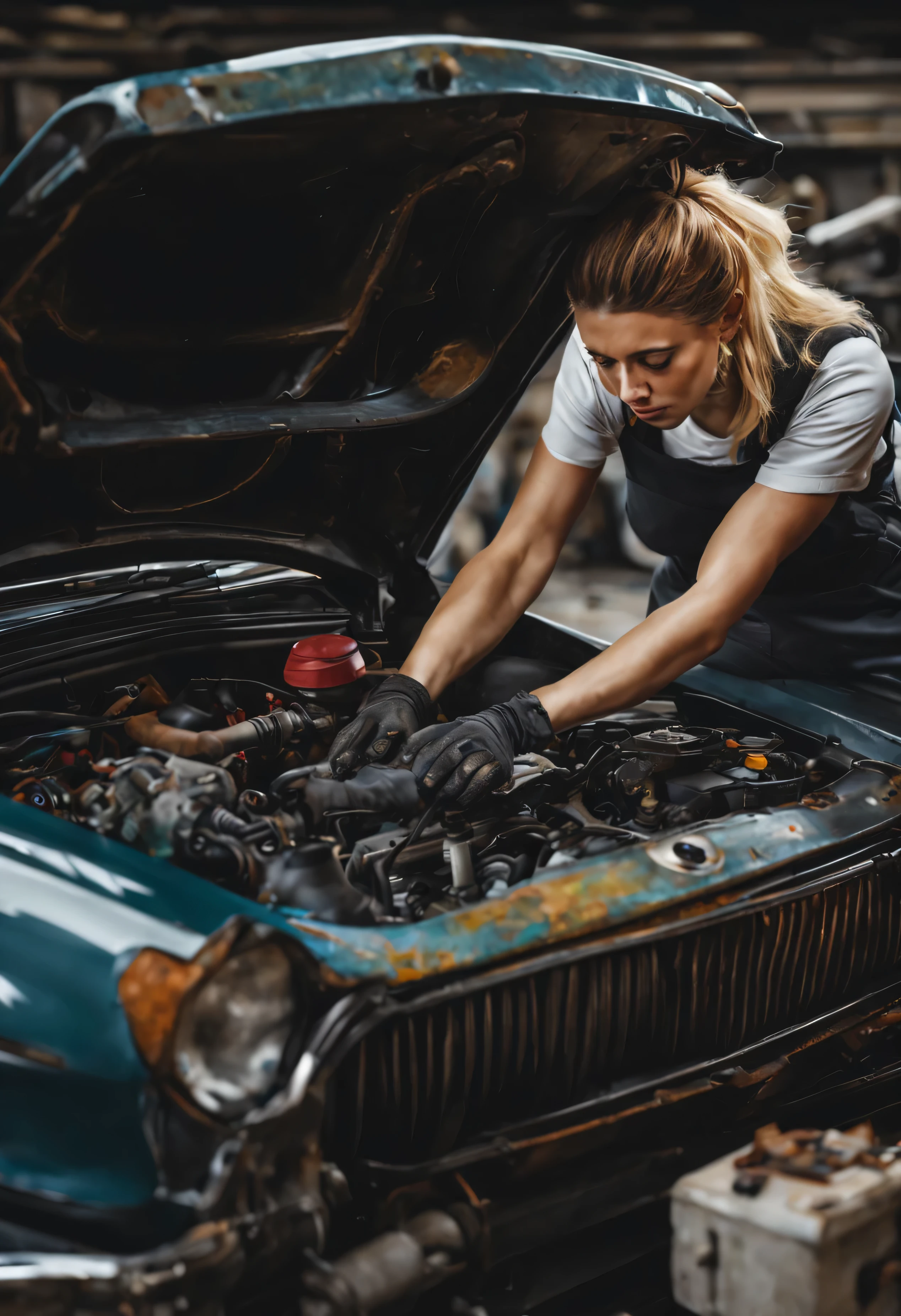 A photorealistic image of an average female mechanic working under the hood of a car. There is oil everywhere